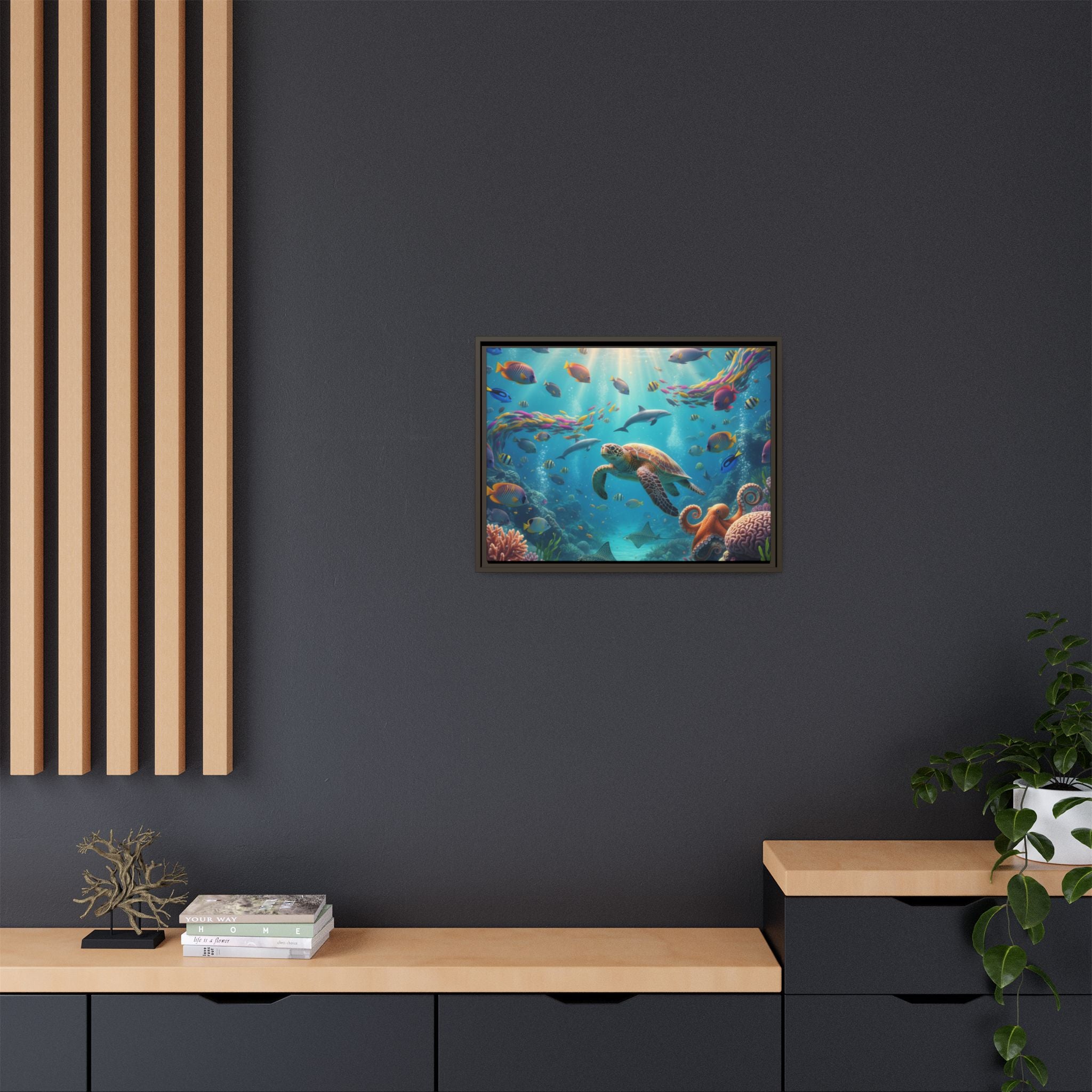 Framed Ocean Life Canvas — Colorful Sea Turtle Wall Art