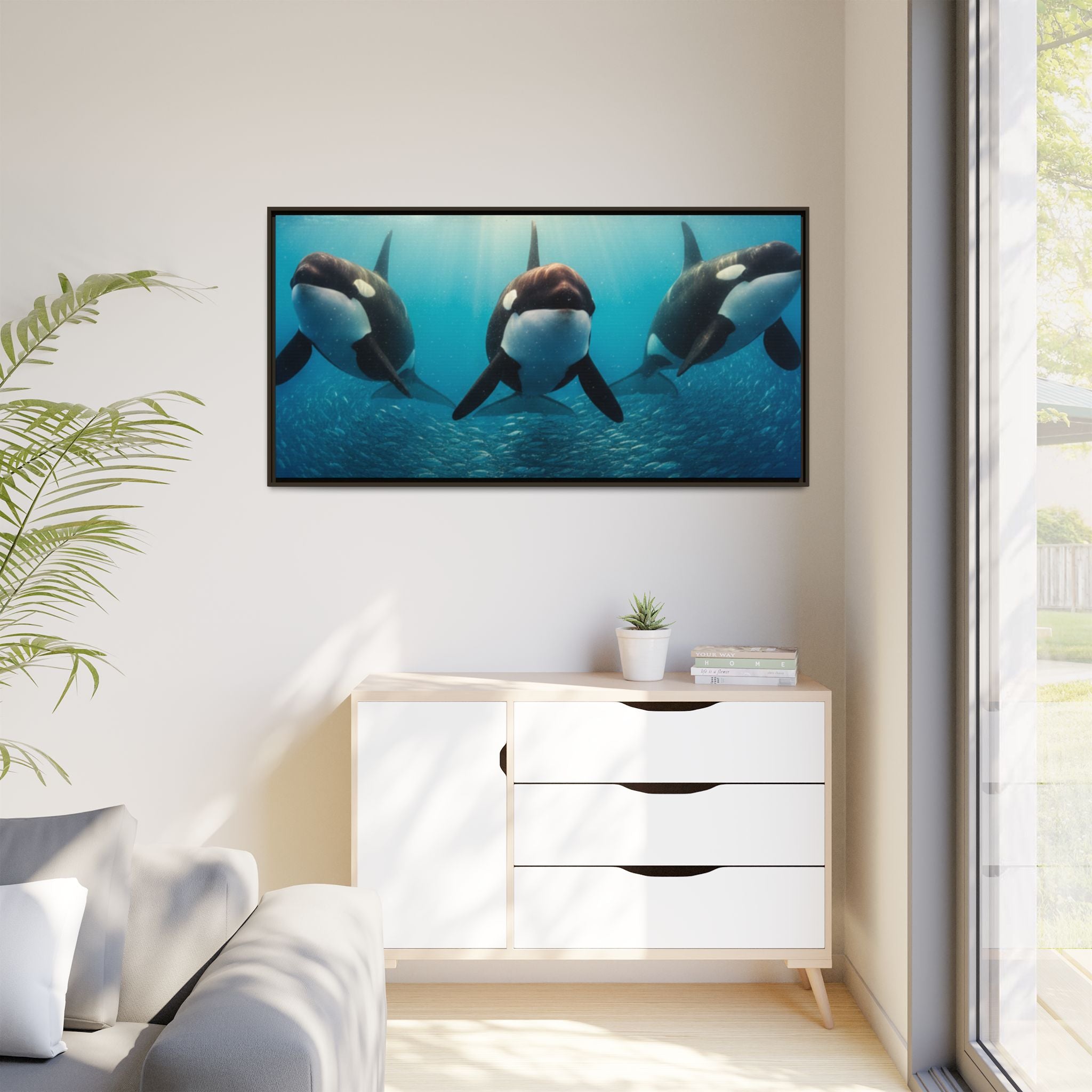 Framed Orca Canvas Print — Underwater Whale Pod Ocean Wall Art