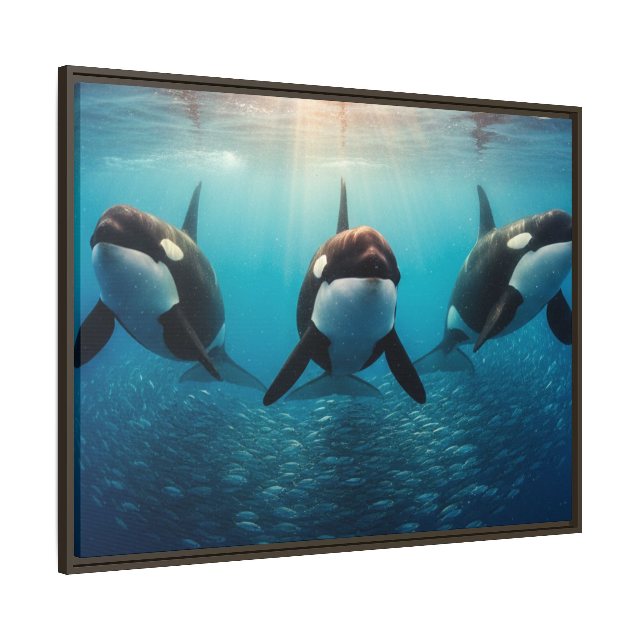 Framed Orca Canvas Print — Underwater Whale Pod Ocean Wall Art