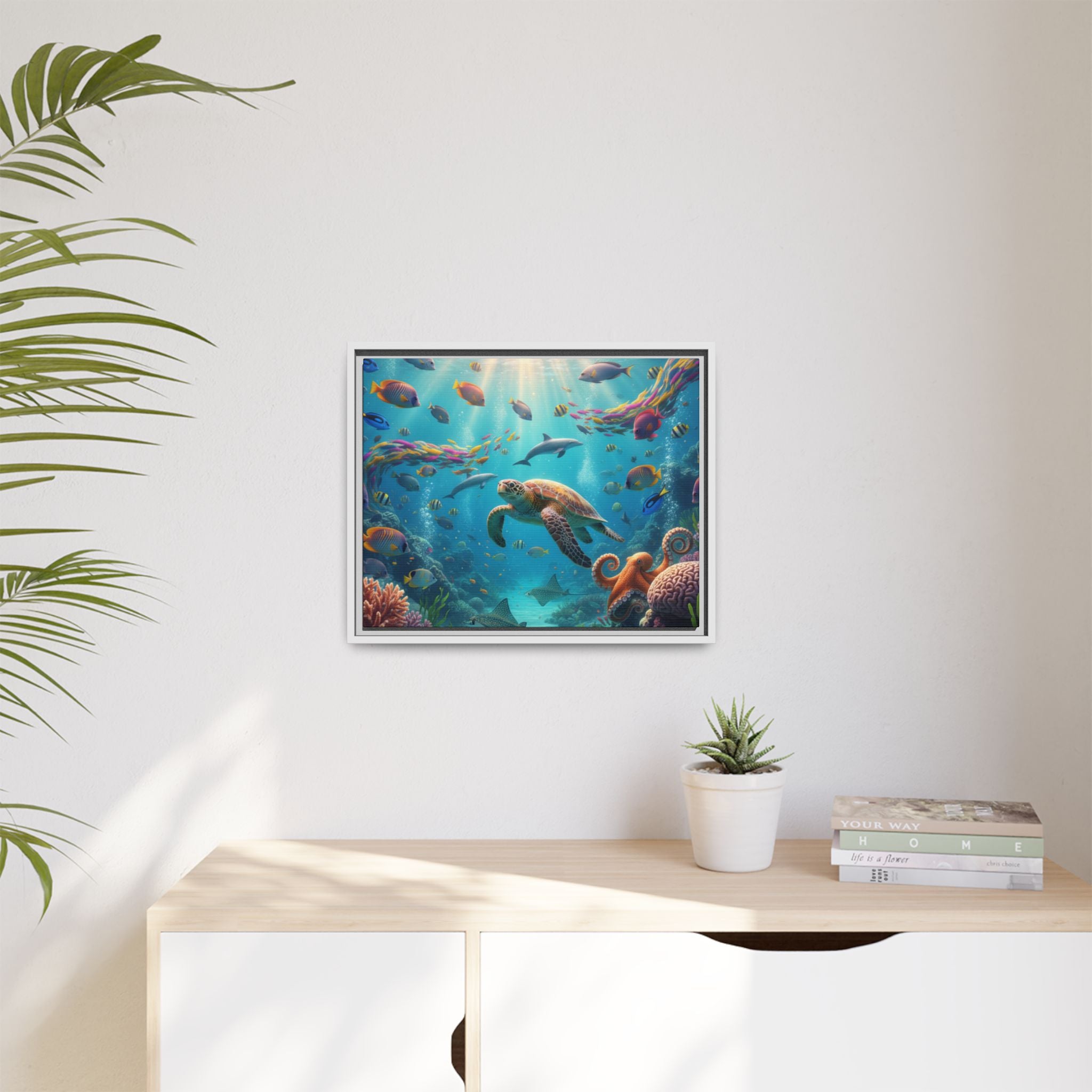 Framed Ocean Life Canvas — Colorful Sea Turtle Wall Art