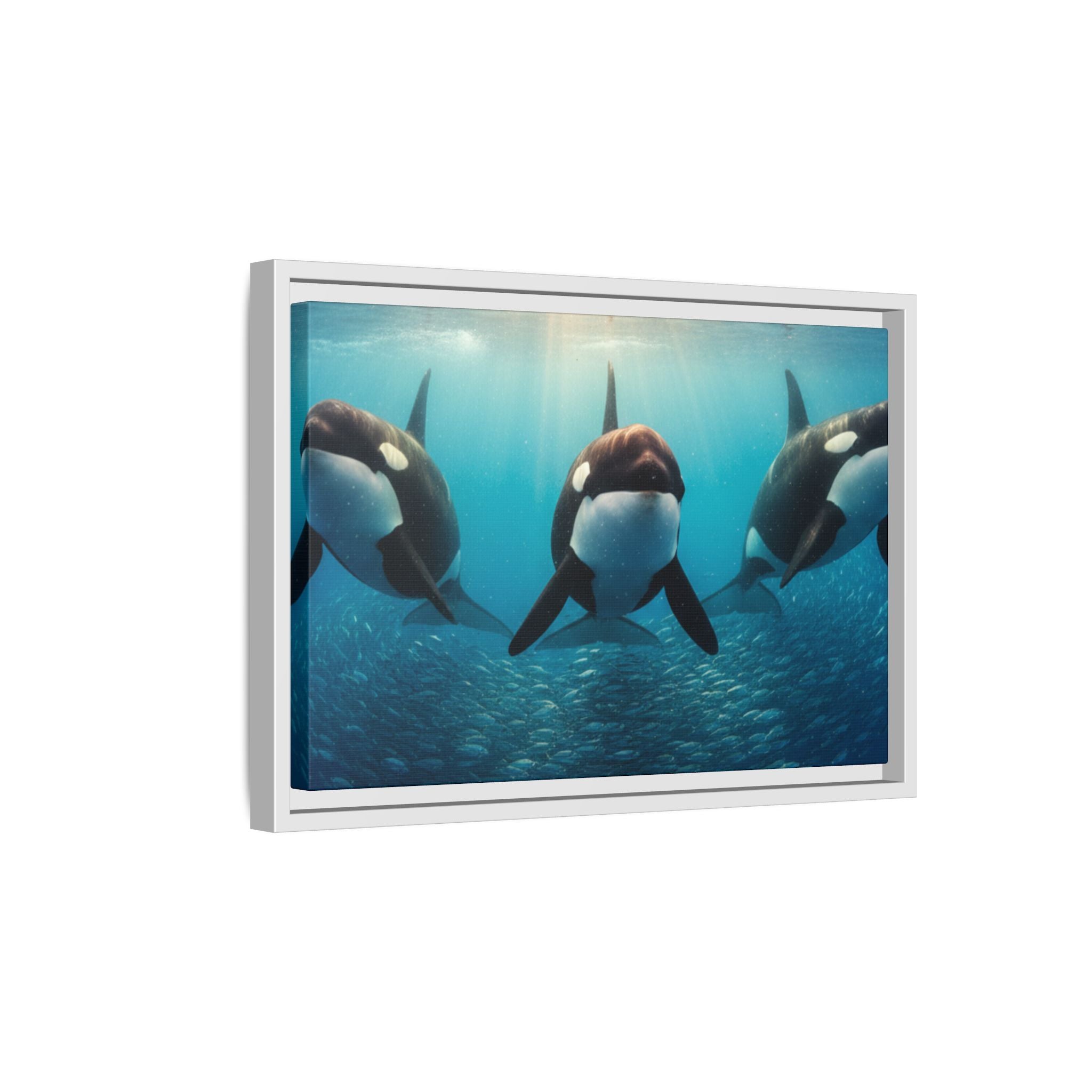 Framed Orca Canvas Print — Underwater Whale Pod Ocean Wall Art