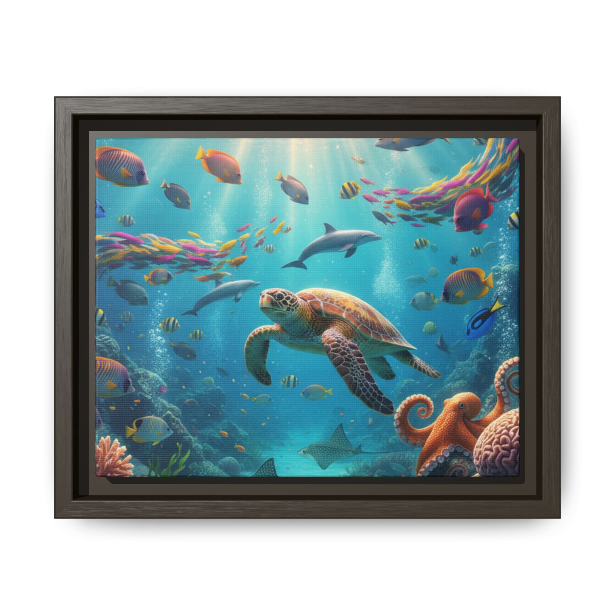 Framed Ocean Life Canvas — Colorful Sea Turtle Wall Art
