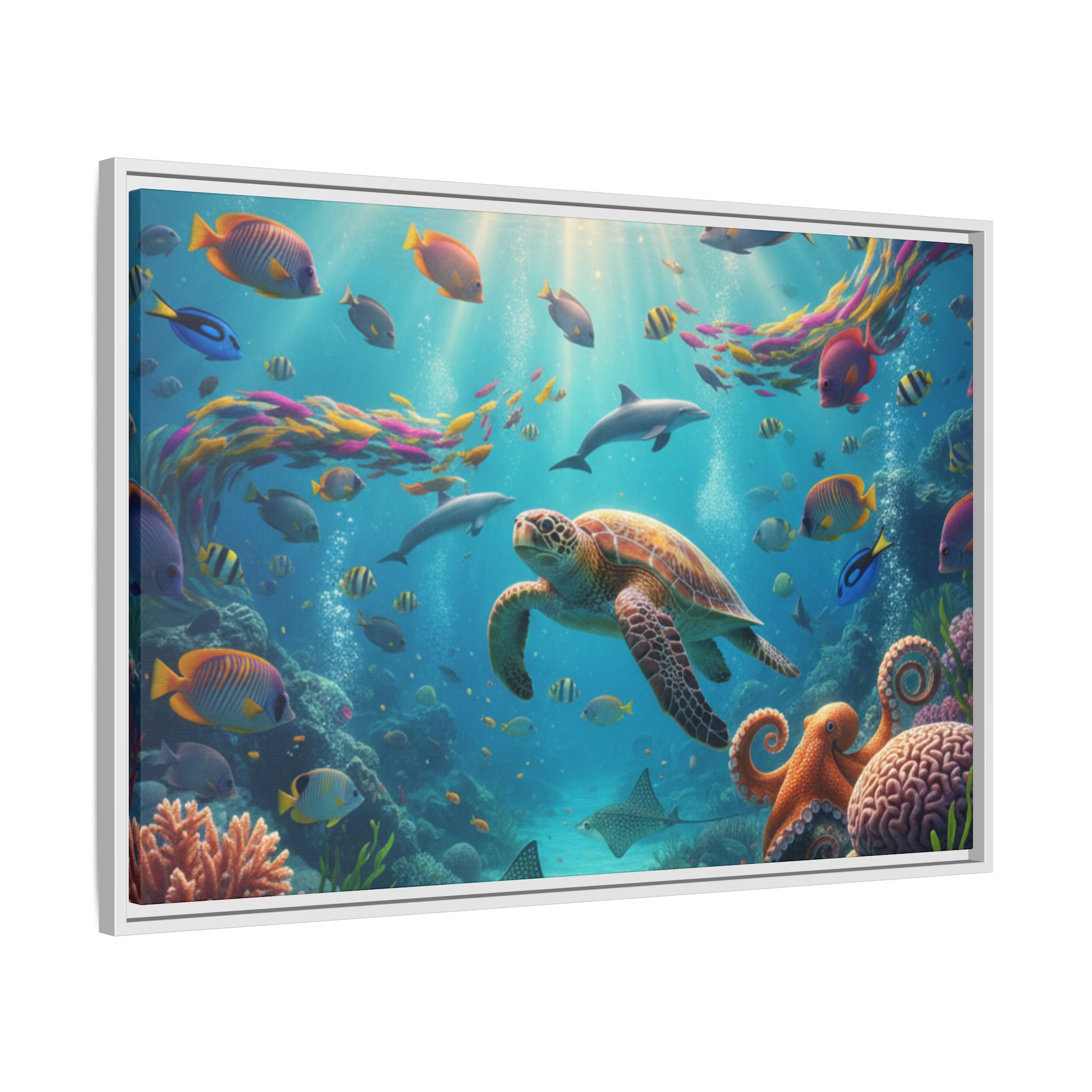 Framed Ocean Life Canvas — Colorful Sea Turtle Wall Art