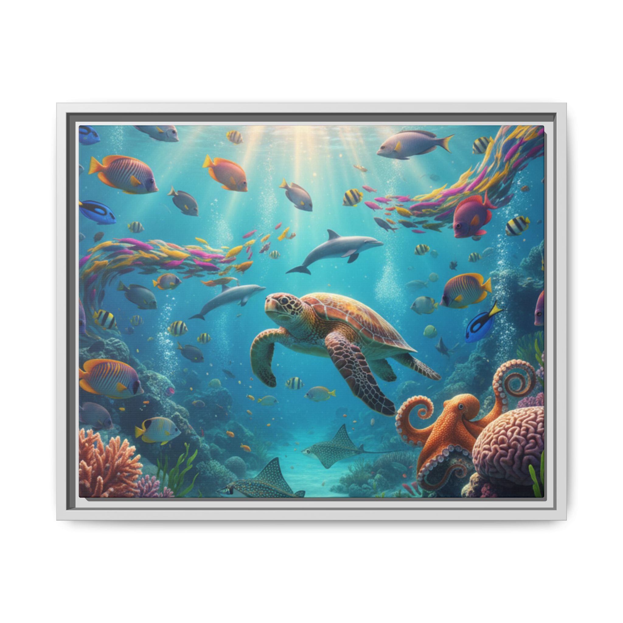 Framed Ocean Life Canvas — Colorful Sea Turtle Wall Art