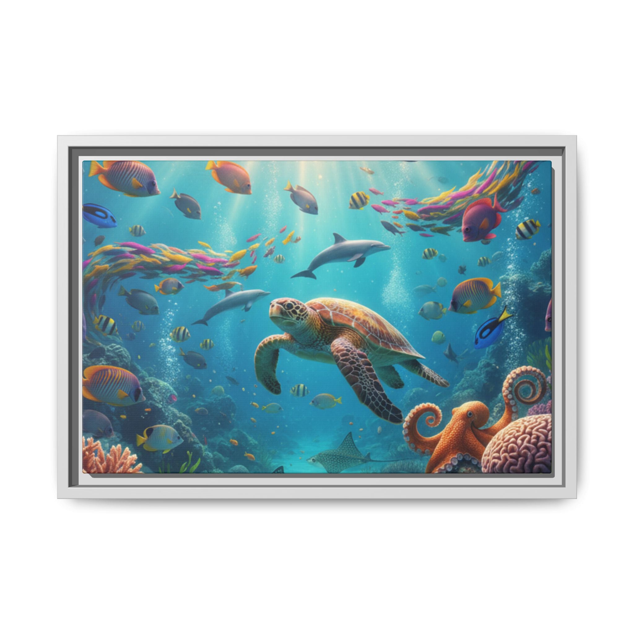 Framed Ocean Life Canvas — Colorful Sea Turtle Wall Art