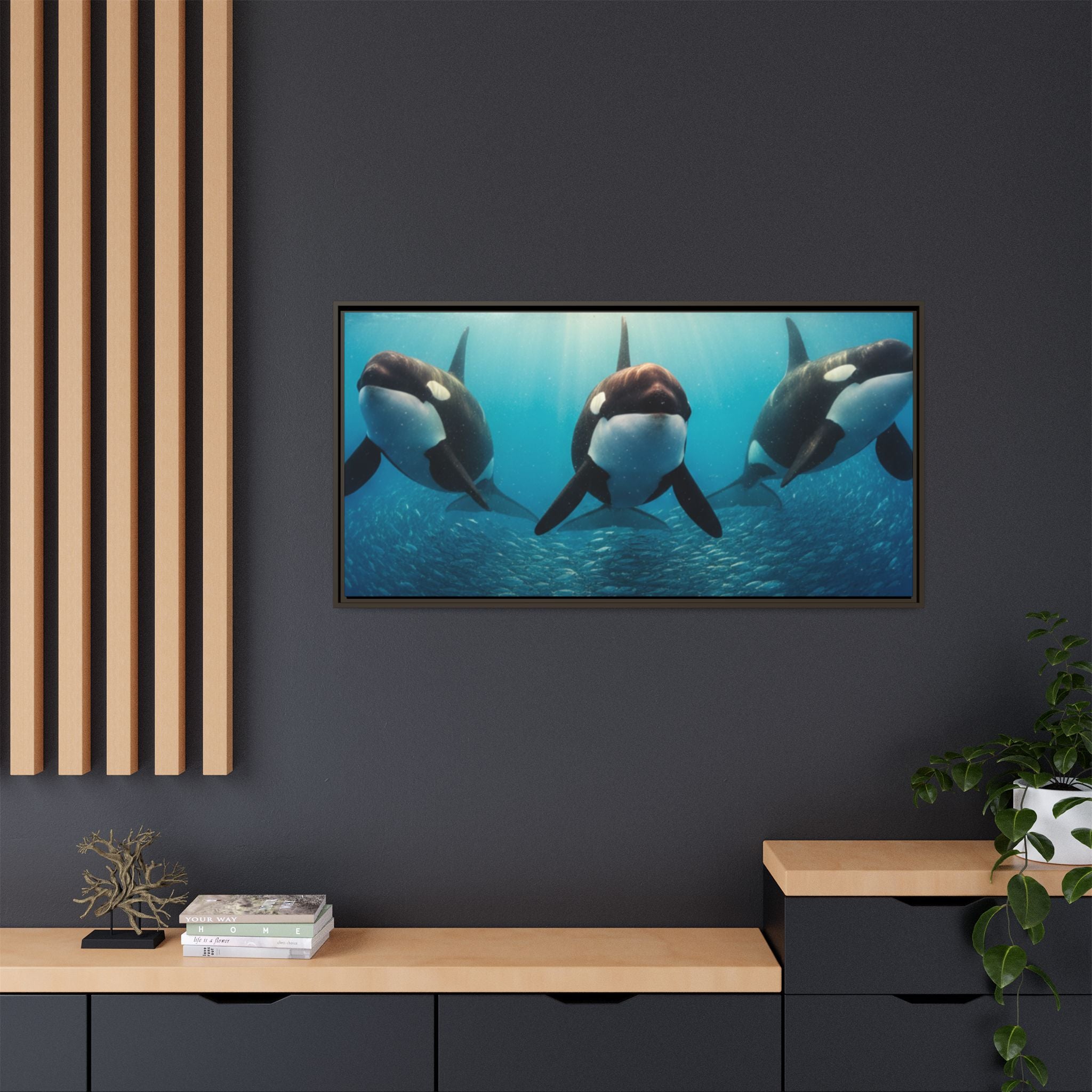 Framed Orca Canvas Print — Underwater Whale Pod Ocean Wall Art