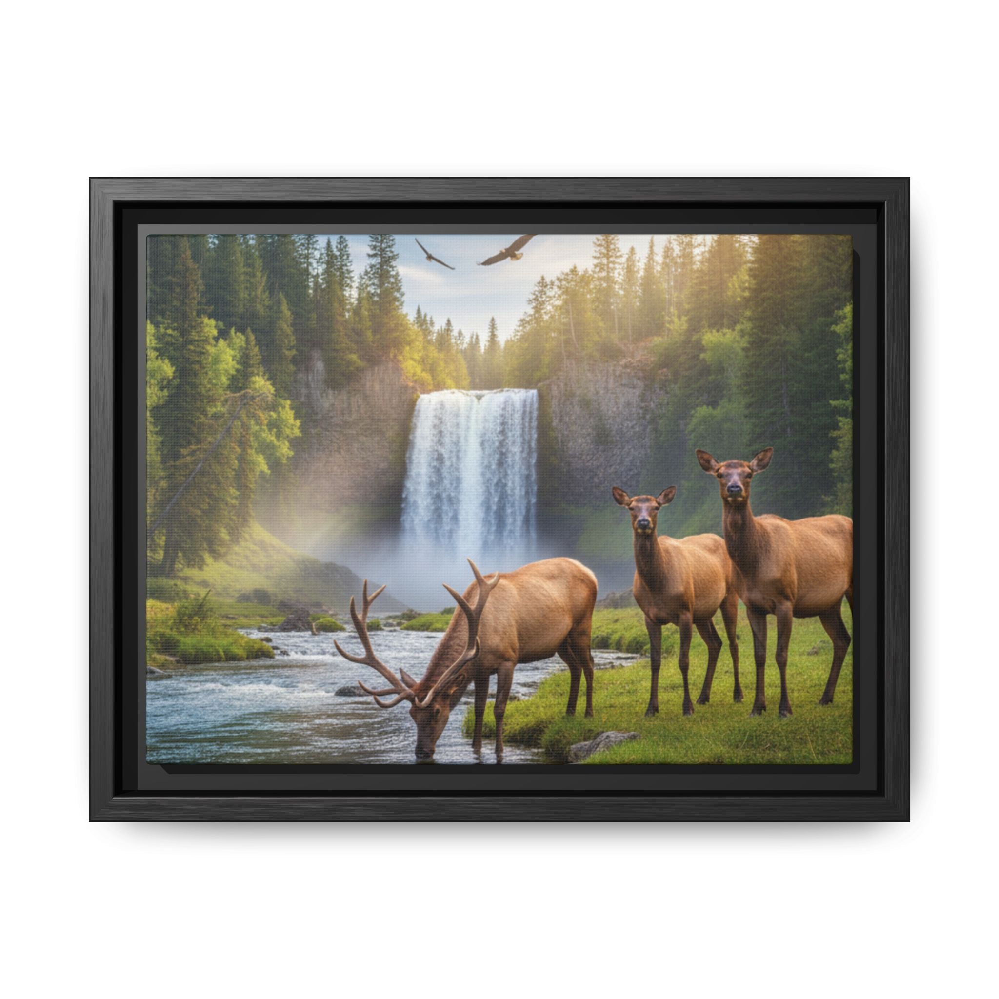 Waterfall Elk Forest Landscape Wall Art