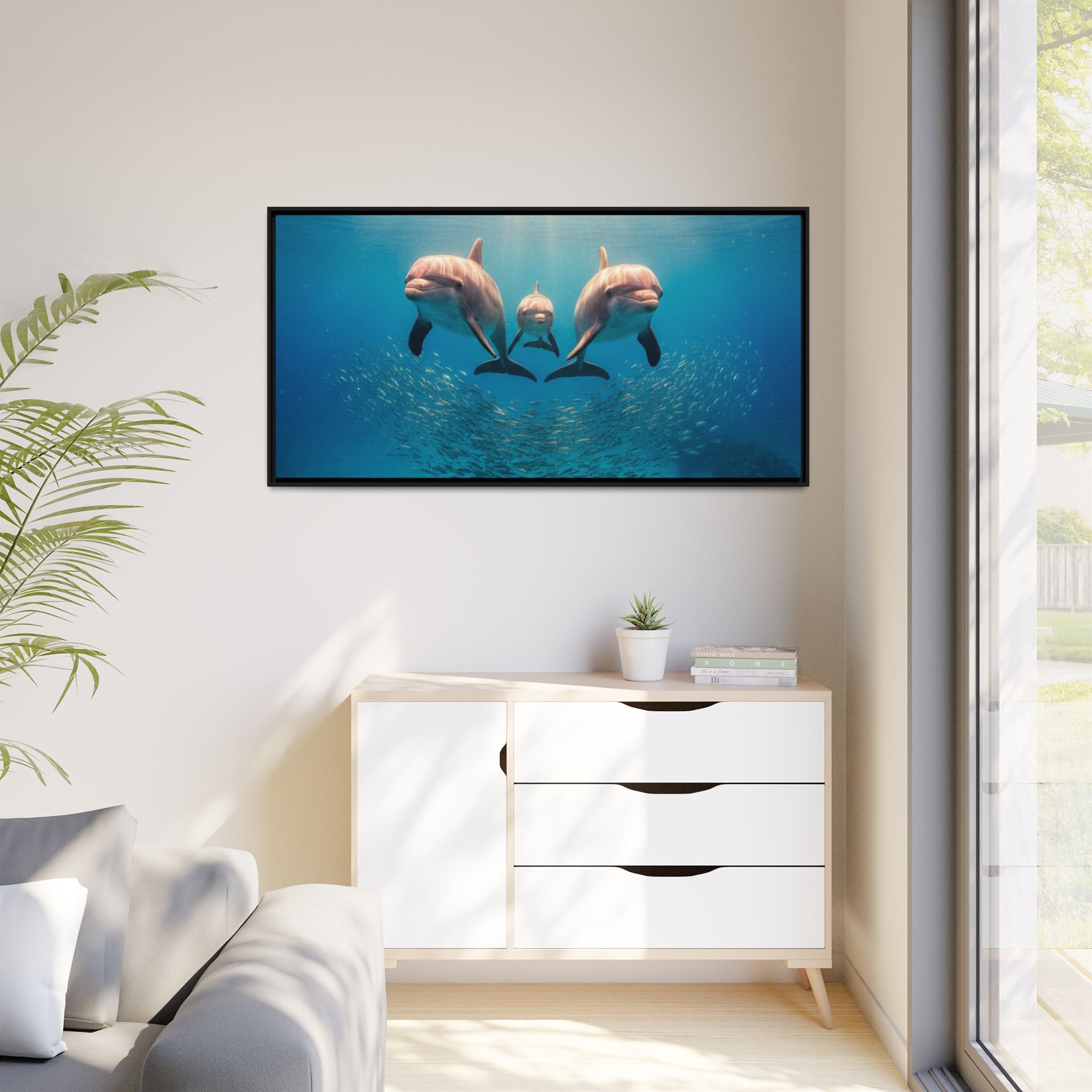 Framed Dolphin Canvas Print — Matte Ocean Wall Art