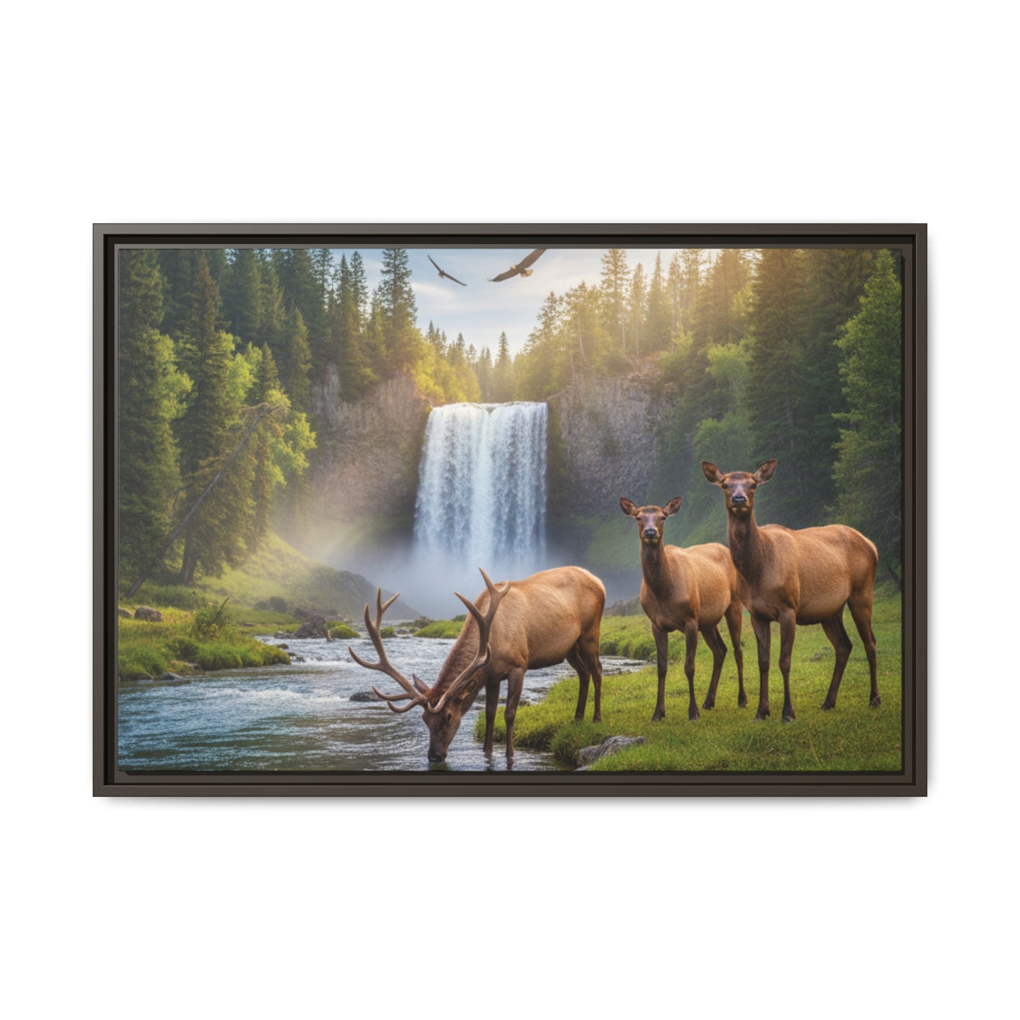 Waterfall Elk Forest Landscape Wall Art