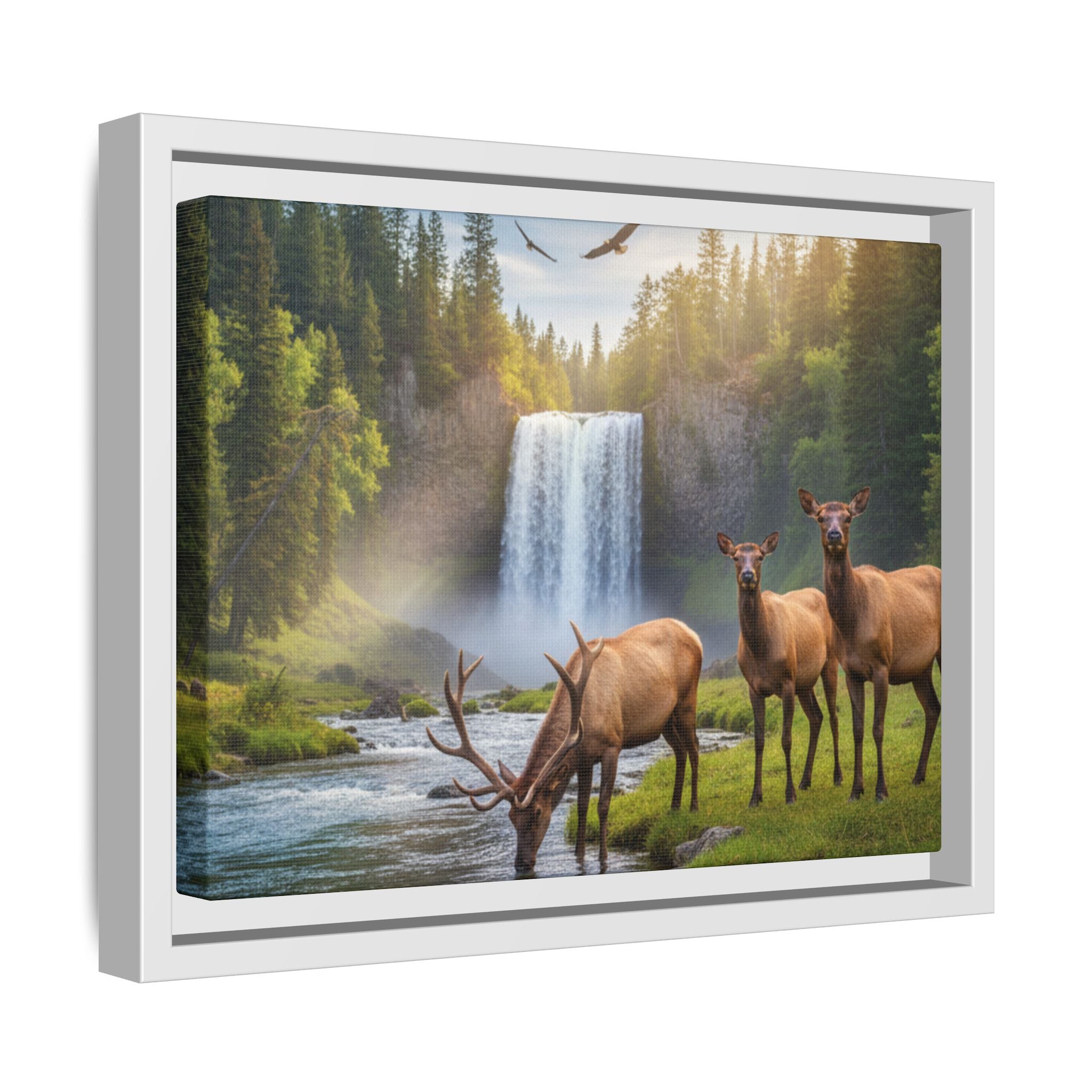 Waterfall Elk Forest Landscape Wall Art