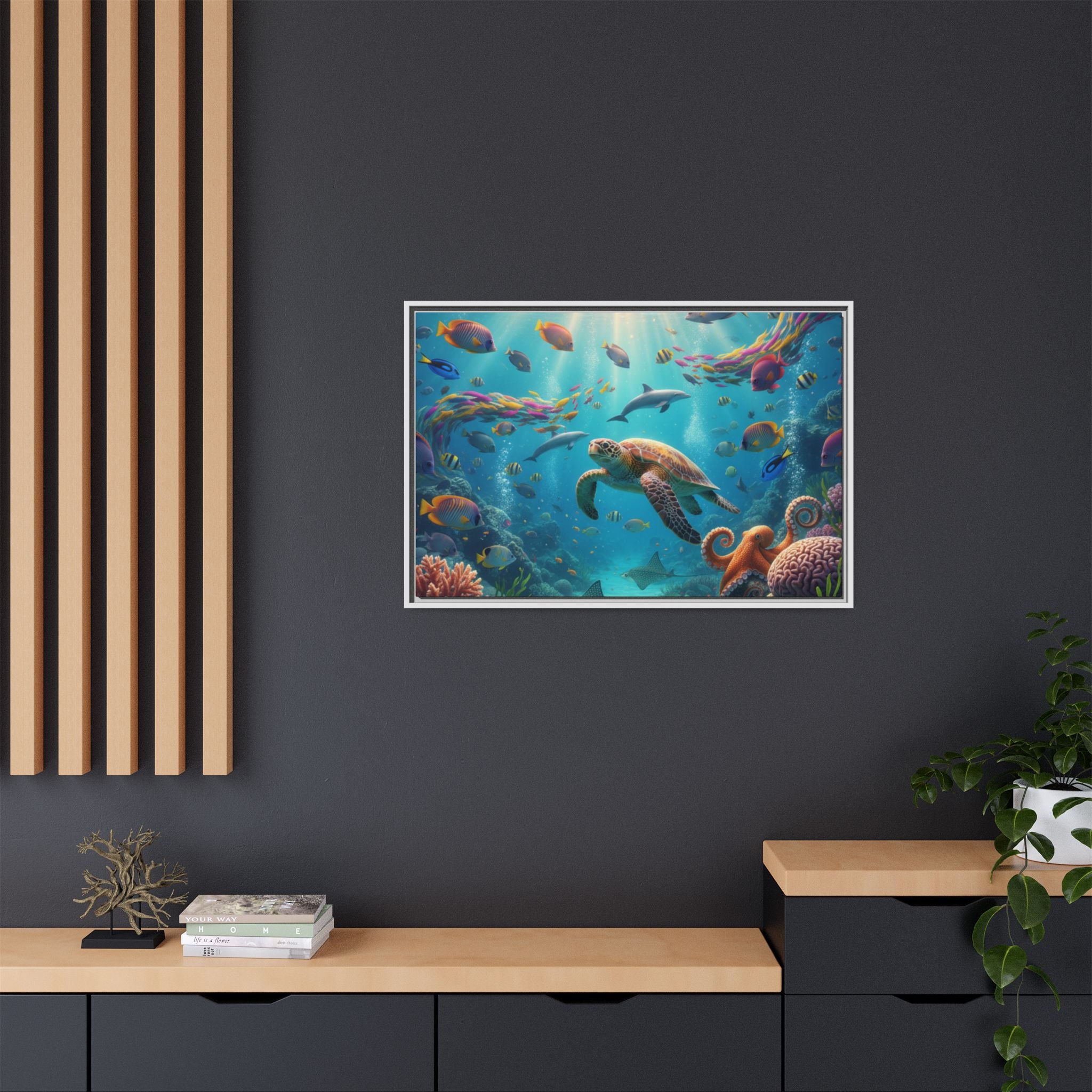 Framed Ocean Life Canvas — Colorful Sea Turtle Wall Art