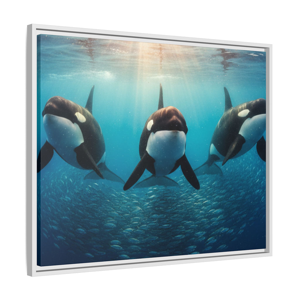 Framed Orca Canvas Print — Underwater Whale Pod Ocean Wall Art