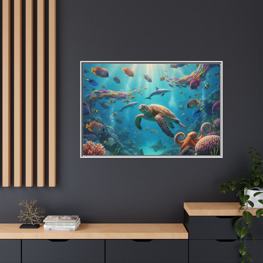 Framed Ocean Life Canvas — Colorful Sea Turtle Wall Art