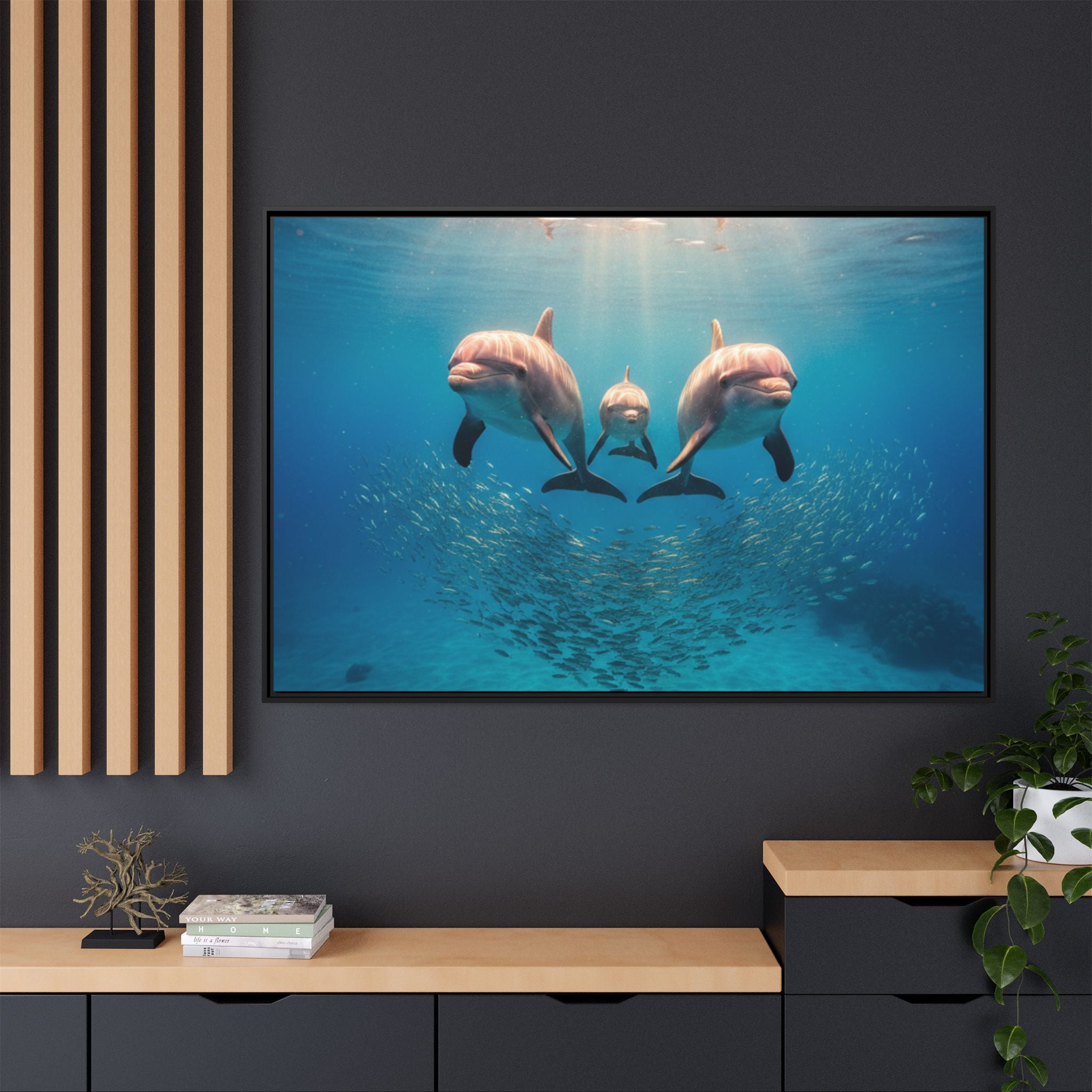 Framed Dolphin Canvas Print — Matte Ocean Wall Art