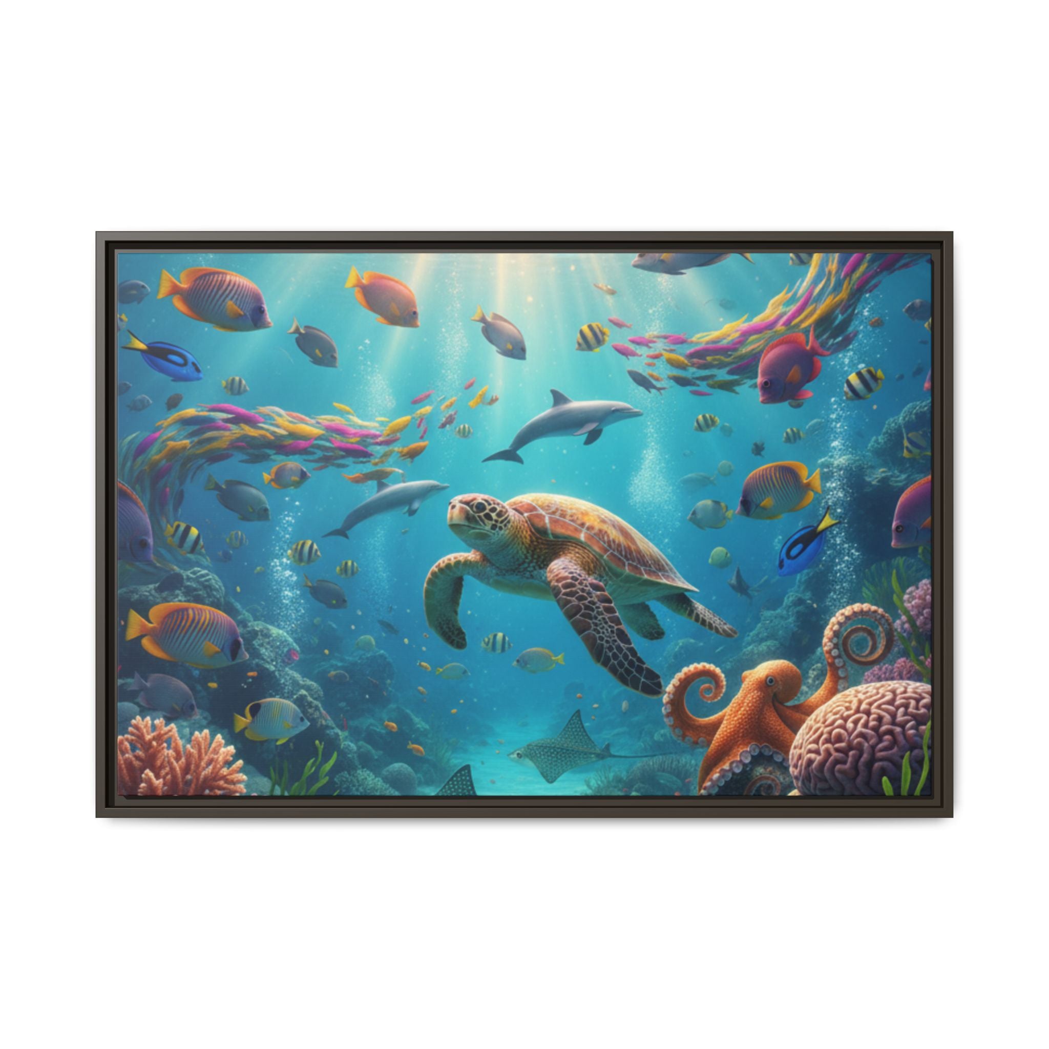 Framed Ocean Life Canvas — Colorful Sea Turtle Wall Art