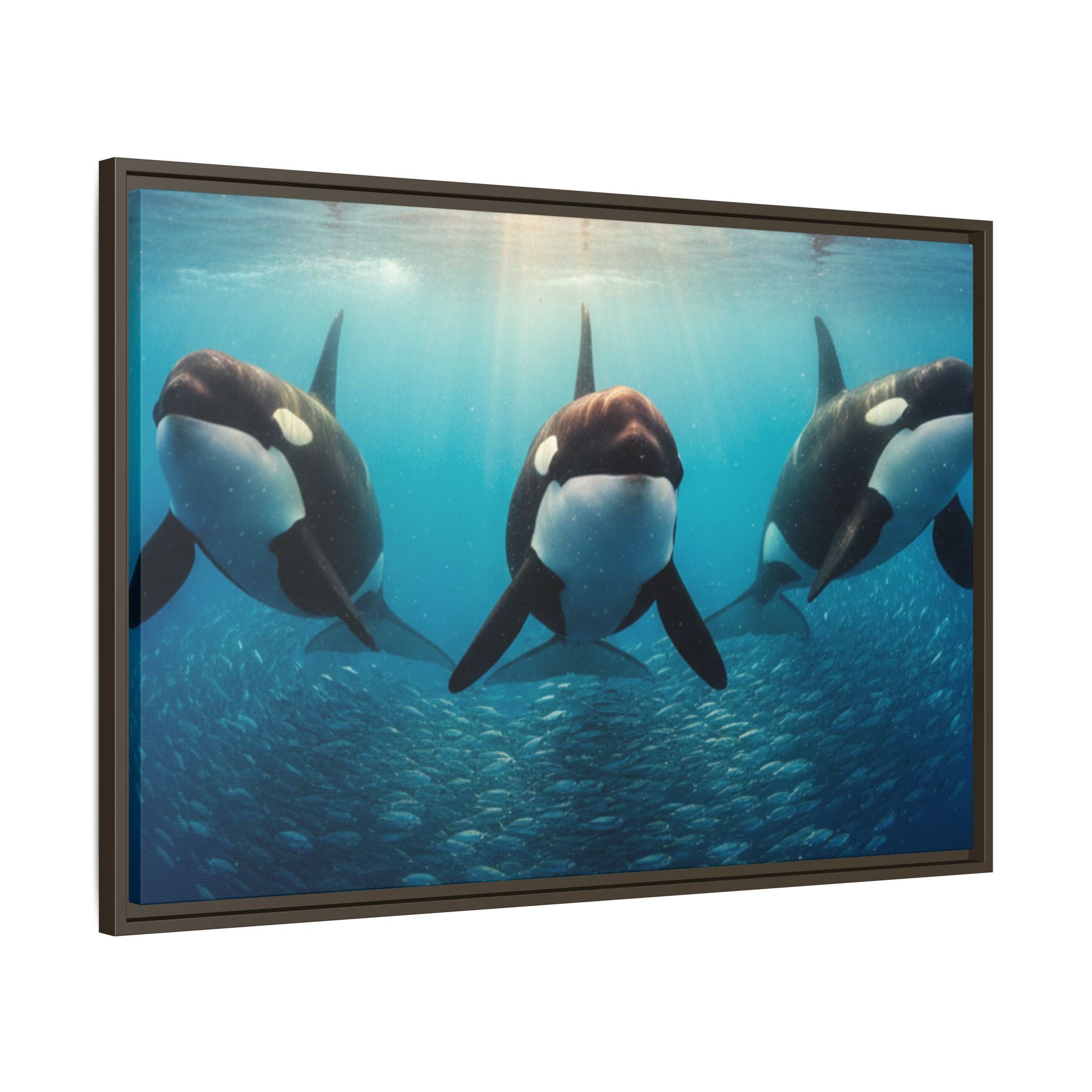 Framed Orca Canvas Print — Underwater Whale Pod Ocean Wall Art