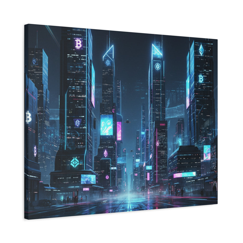 Cyberpunk Crypto Cityscape Canvas Print — Futuristic Neon Skyline Wall Art