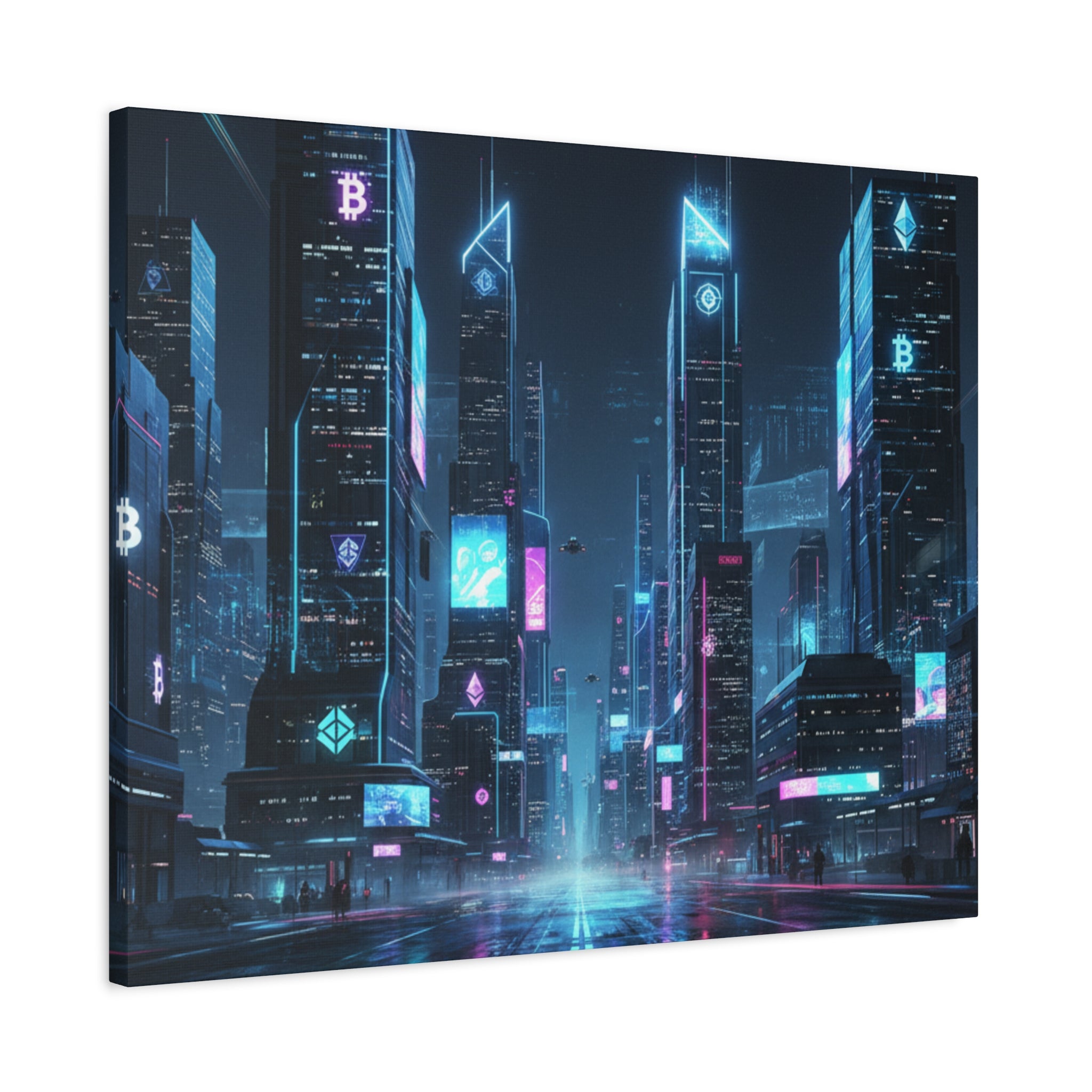 Cyberpunk Crypto Cityscape Canvas Print — Futuristic Neon Skyline Wall Art