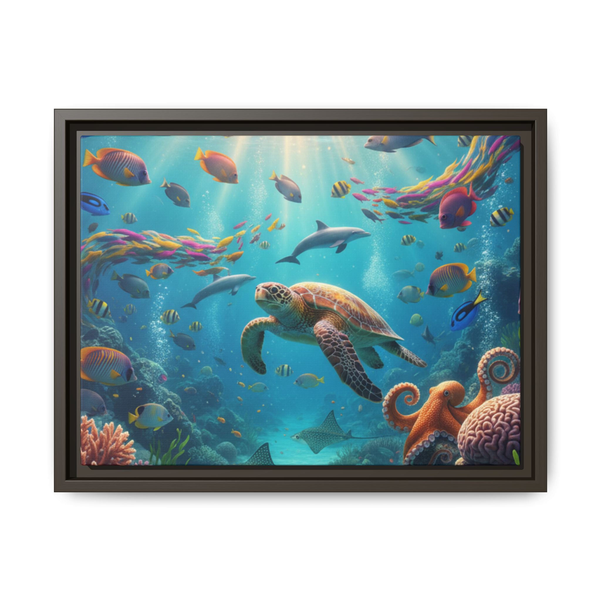 Framed Ocean Life Canvas — Colorful Sea Turtle Wall Art