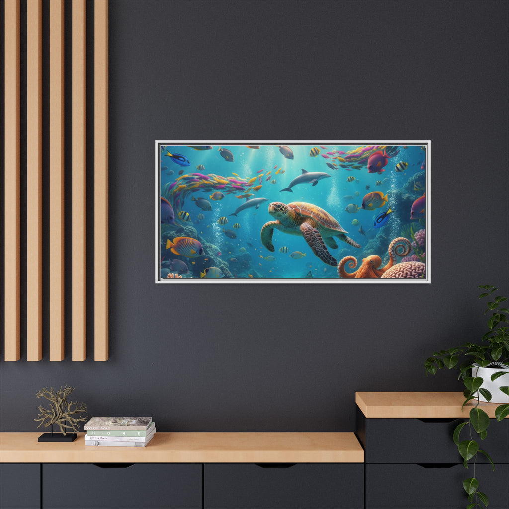 Framed Ocean Life Canvas — Colorful Sea Turtle Wall Art