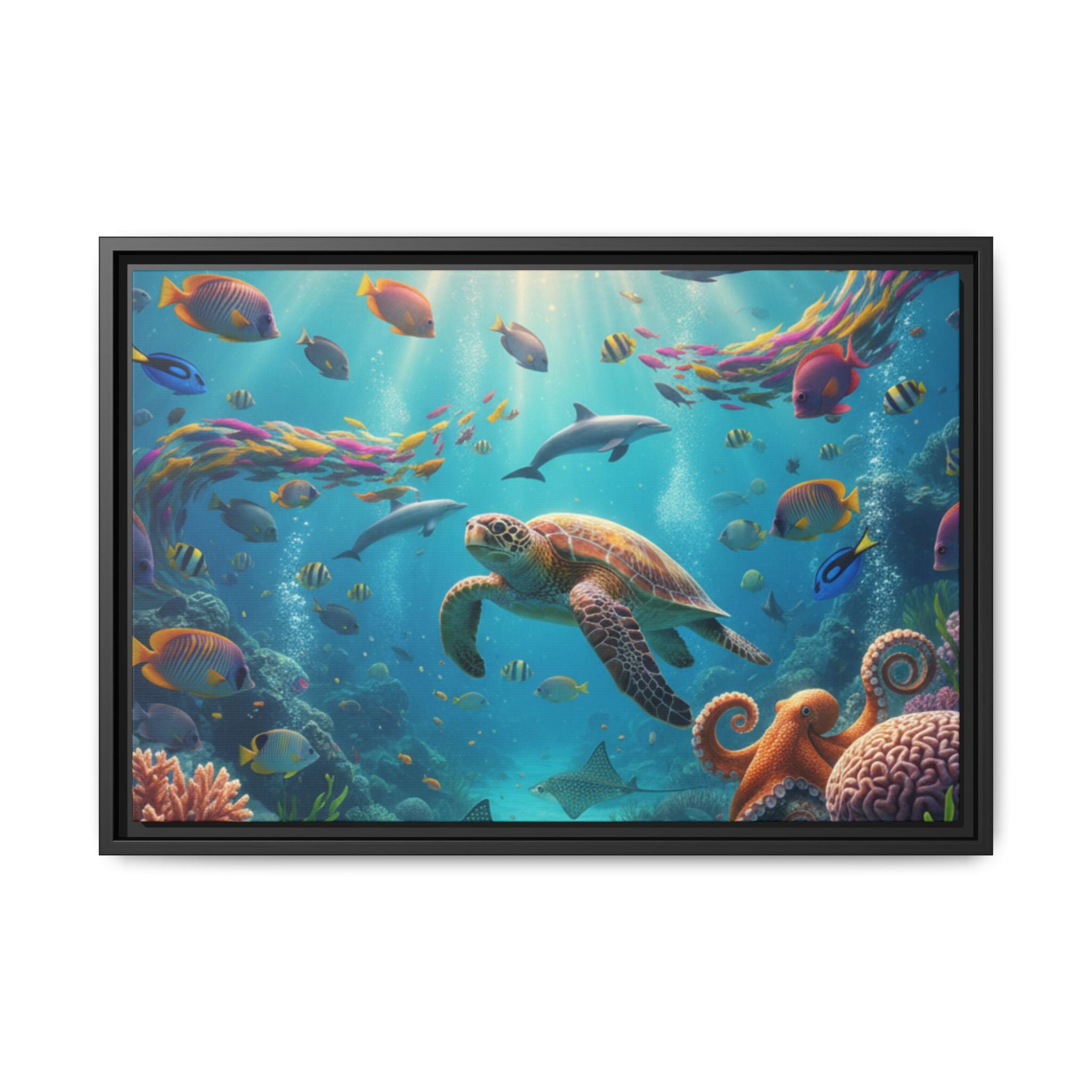 Framed Ocean Life Canvas — Colorful Sea Turtle Wall Art