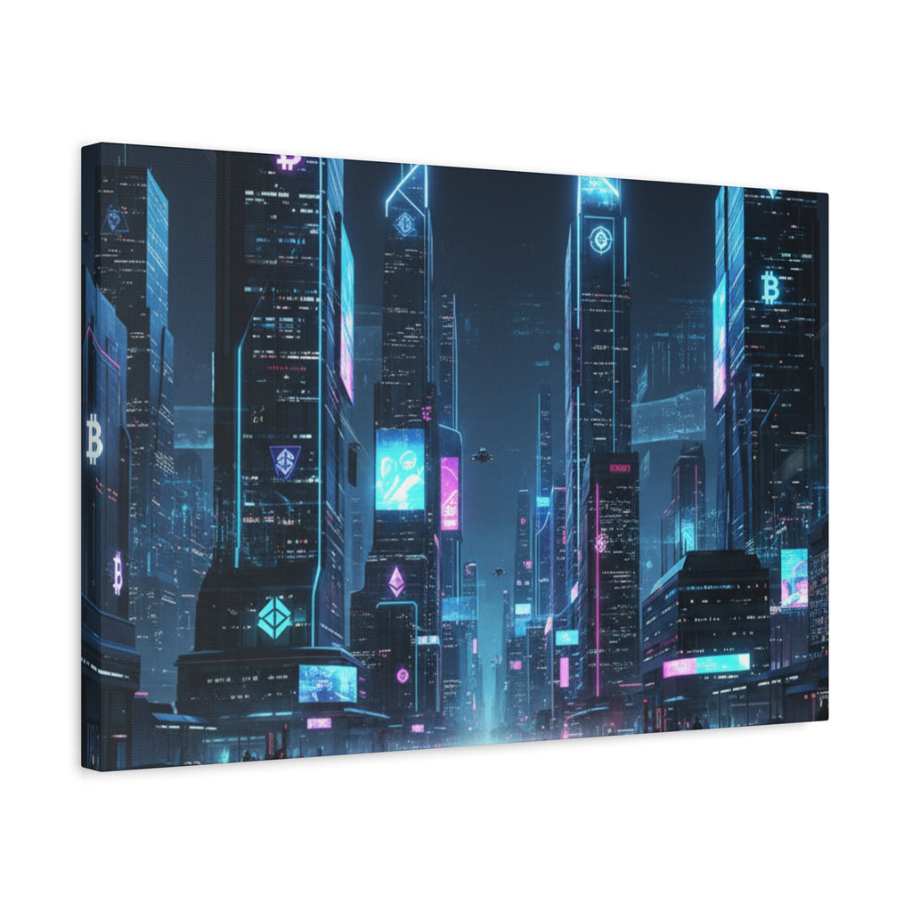 Cyberpunk Crypto Cityscape Canvas Print — Futuristic Neon Skyline Wall Art