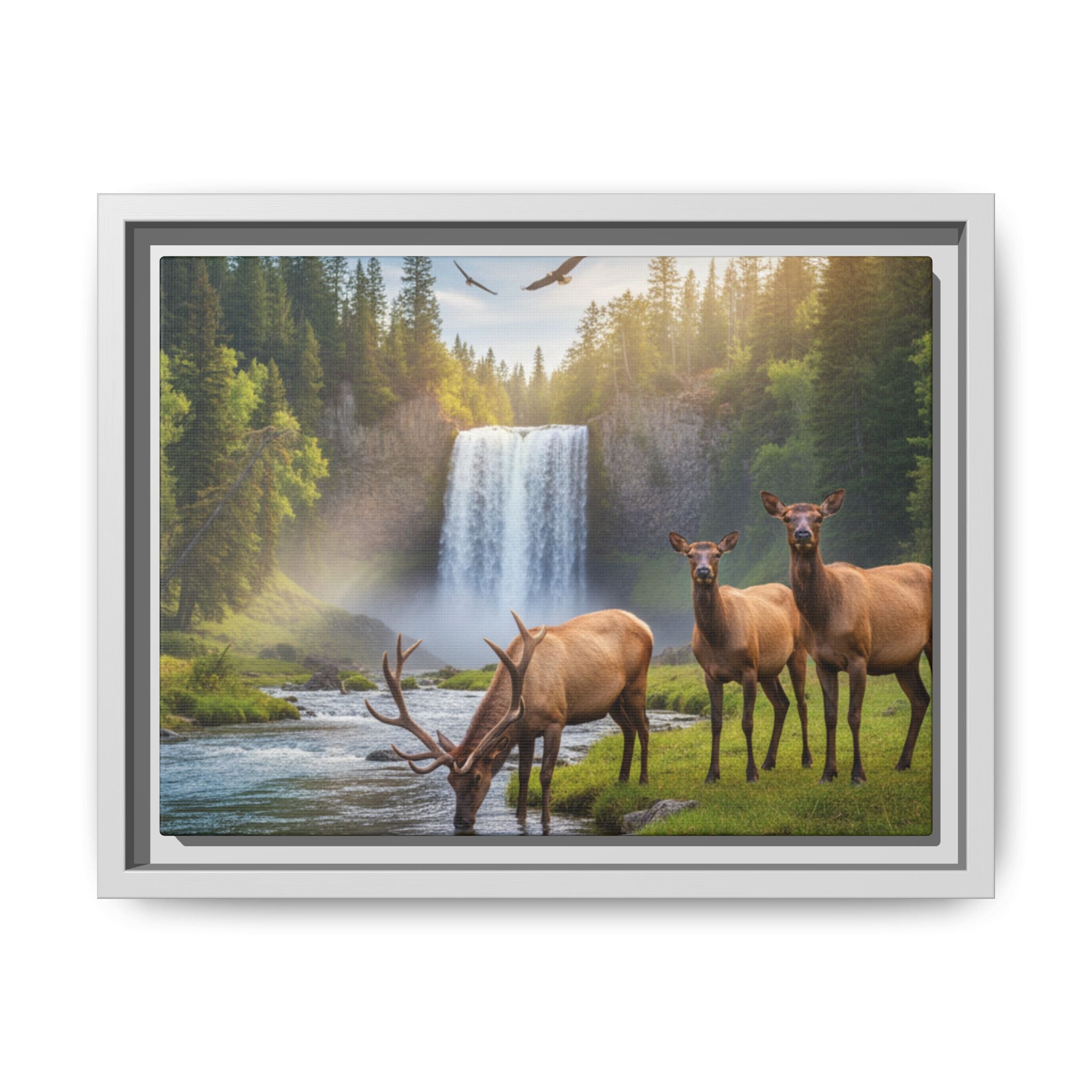 Waterfall Elk Forest Landscape Wall Art