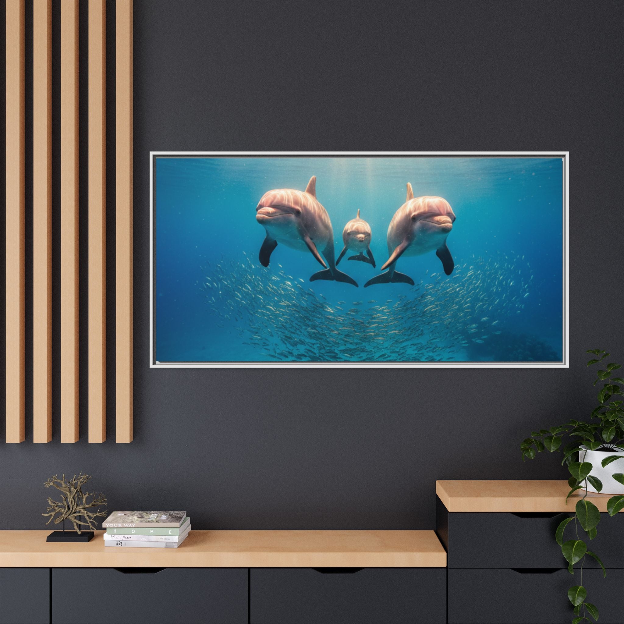 Framed Dolphin Canvas Print — Matte Ocean Wall Art