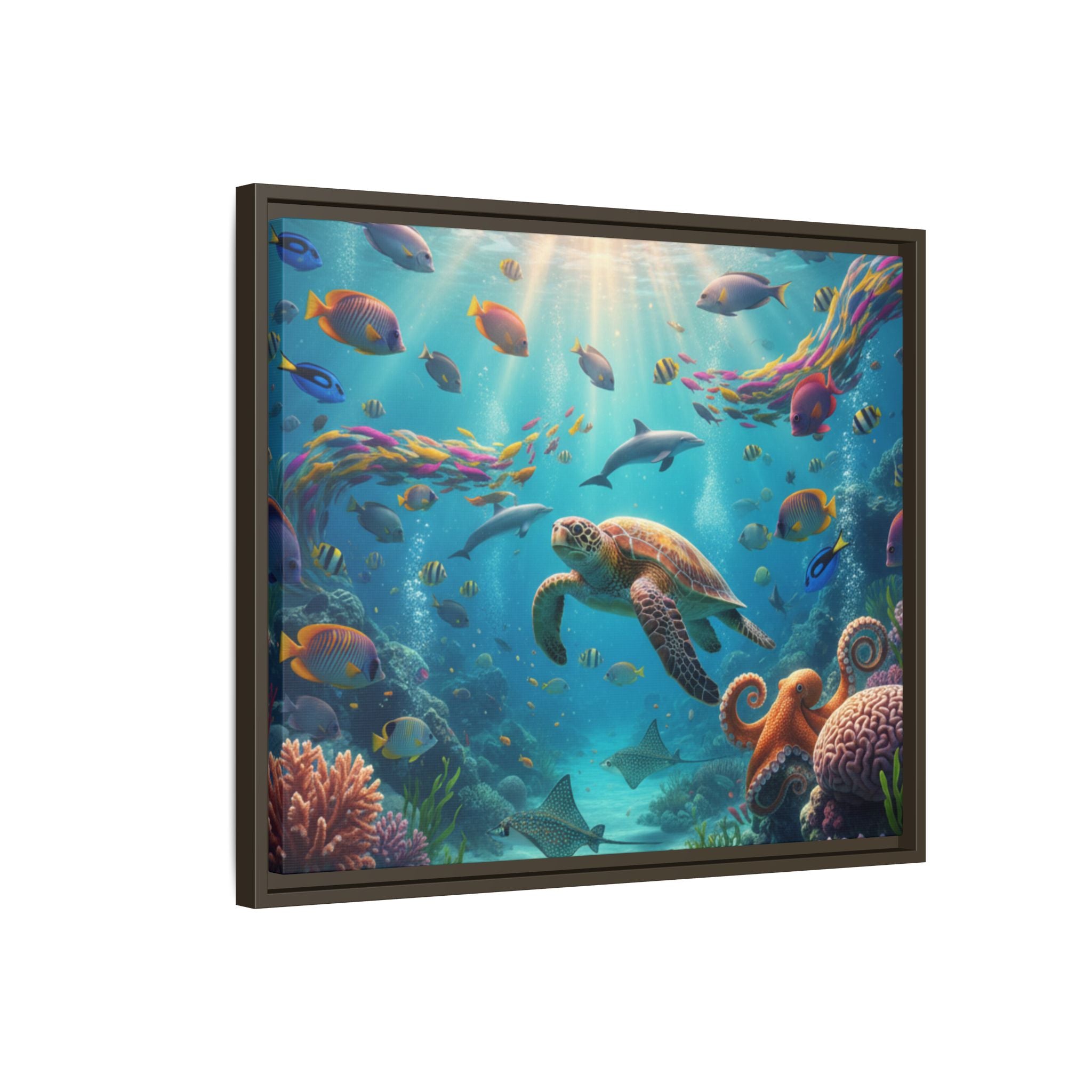 Framed Ocean Life Canvas — Colorful Sea Turtle Wall Art