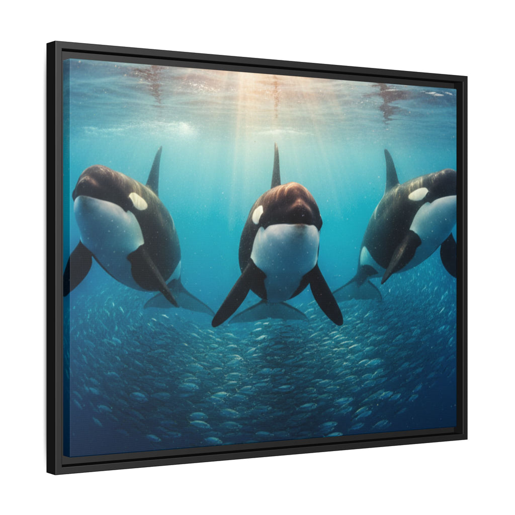 Framed Orca Canvas Print — Underwater Whale Pod Ocean Wall Art