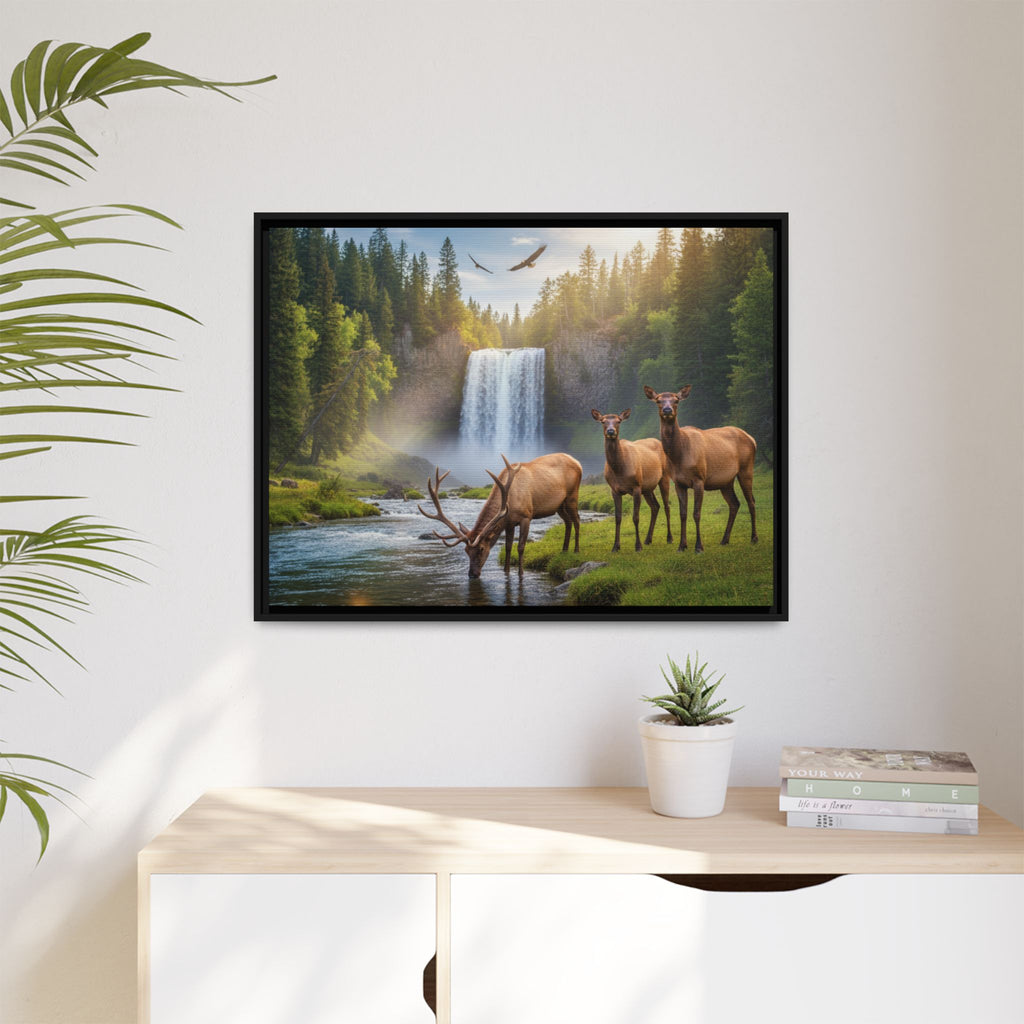 Waterfall Elk Forest Landscape Wall Art