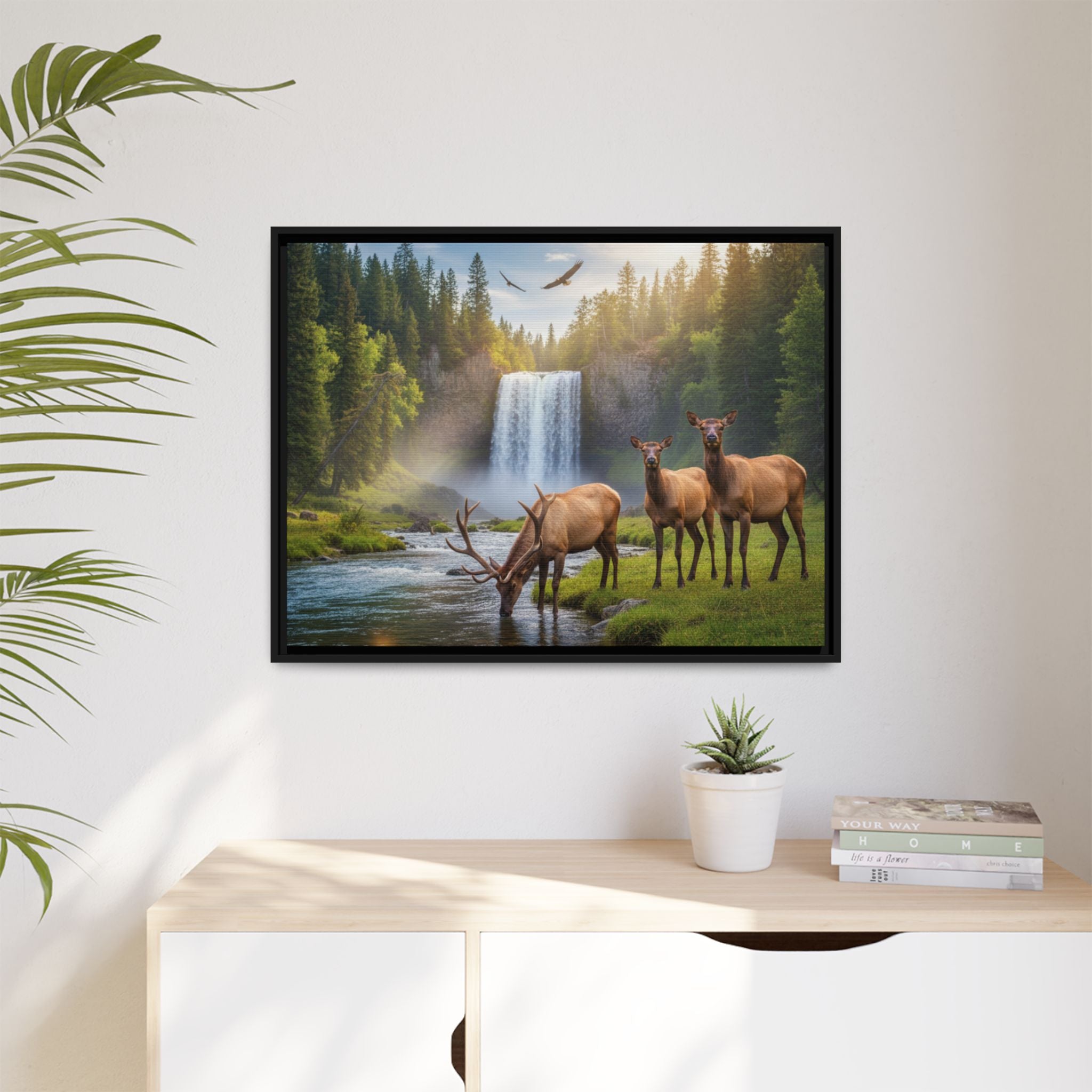 Waterfall Elk Forest Landscape Wall Art