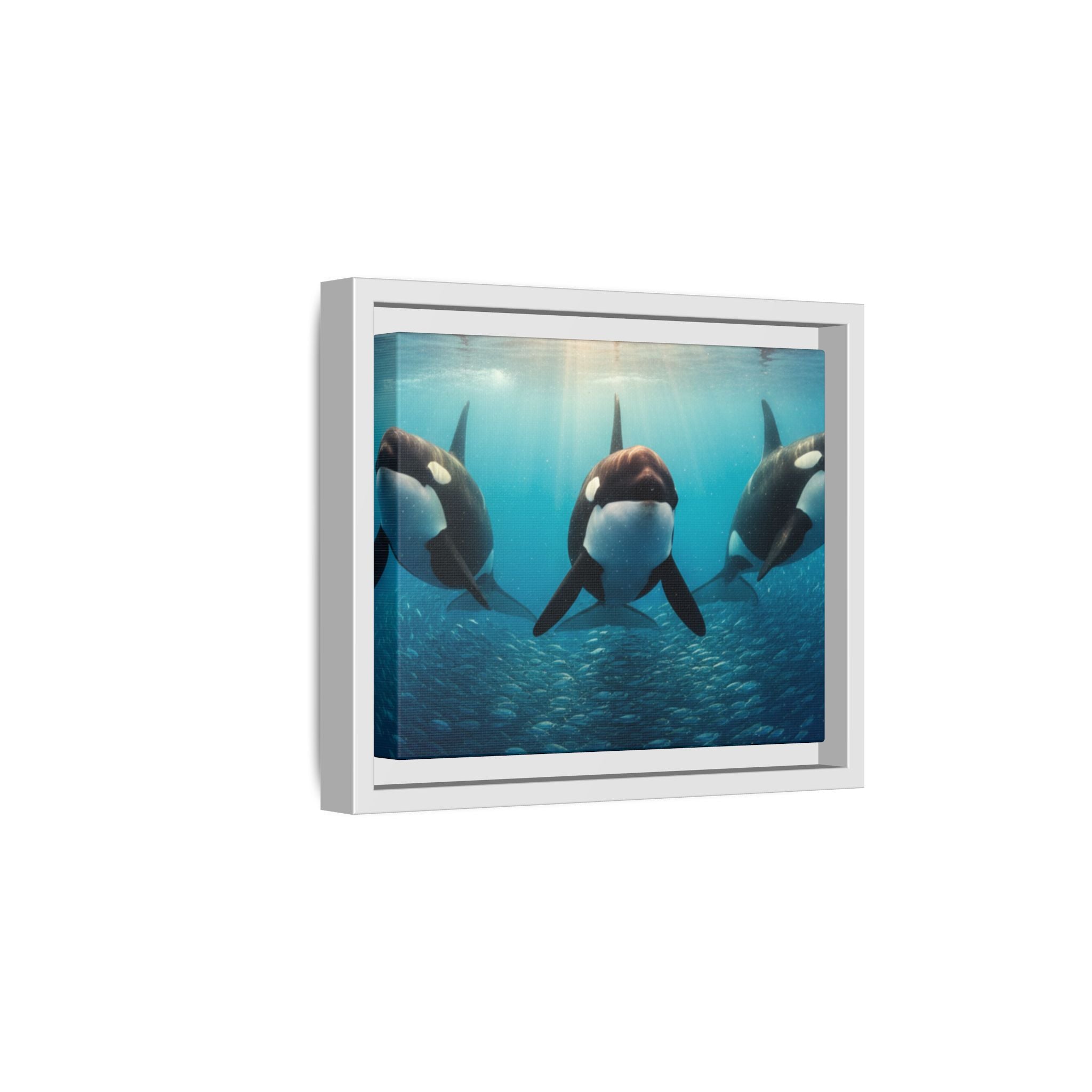 Framed Orca Canvas Print — Underwater Whale Pod Ocean Wall Art