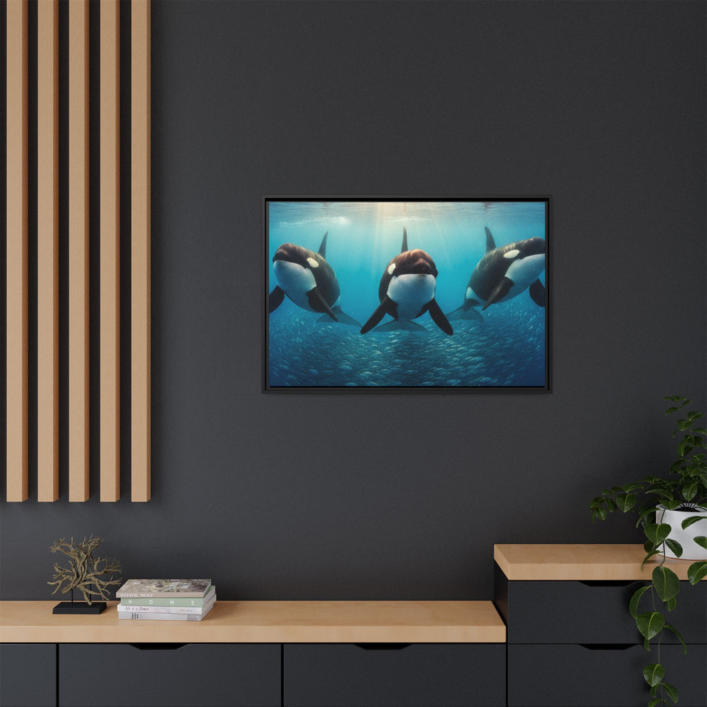 Framed Orca Canvas Print — Underwater Whale Pod Ocean Wall Art