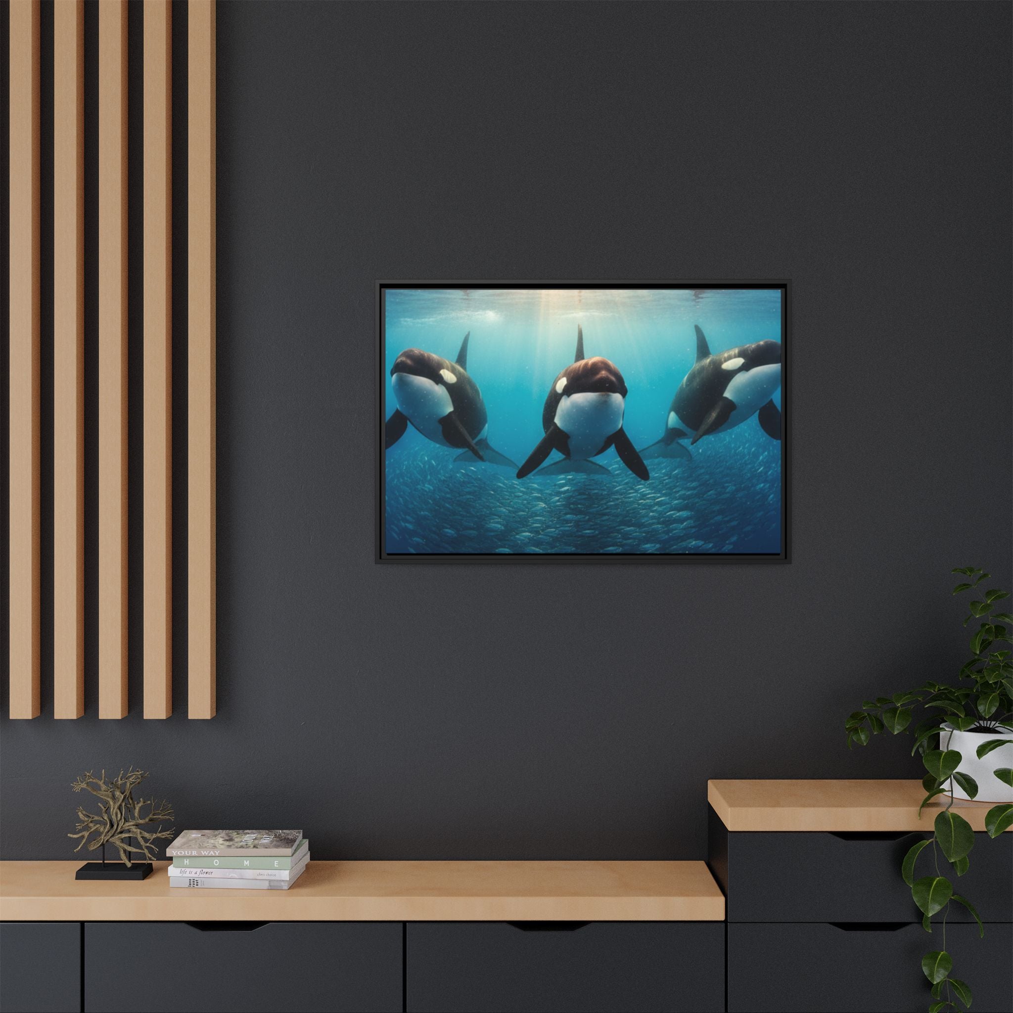 Framed Orca Canvas Print — Underwater Whale Pod Ocean Wall Art