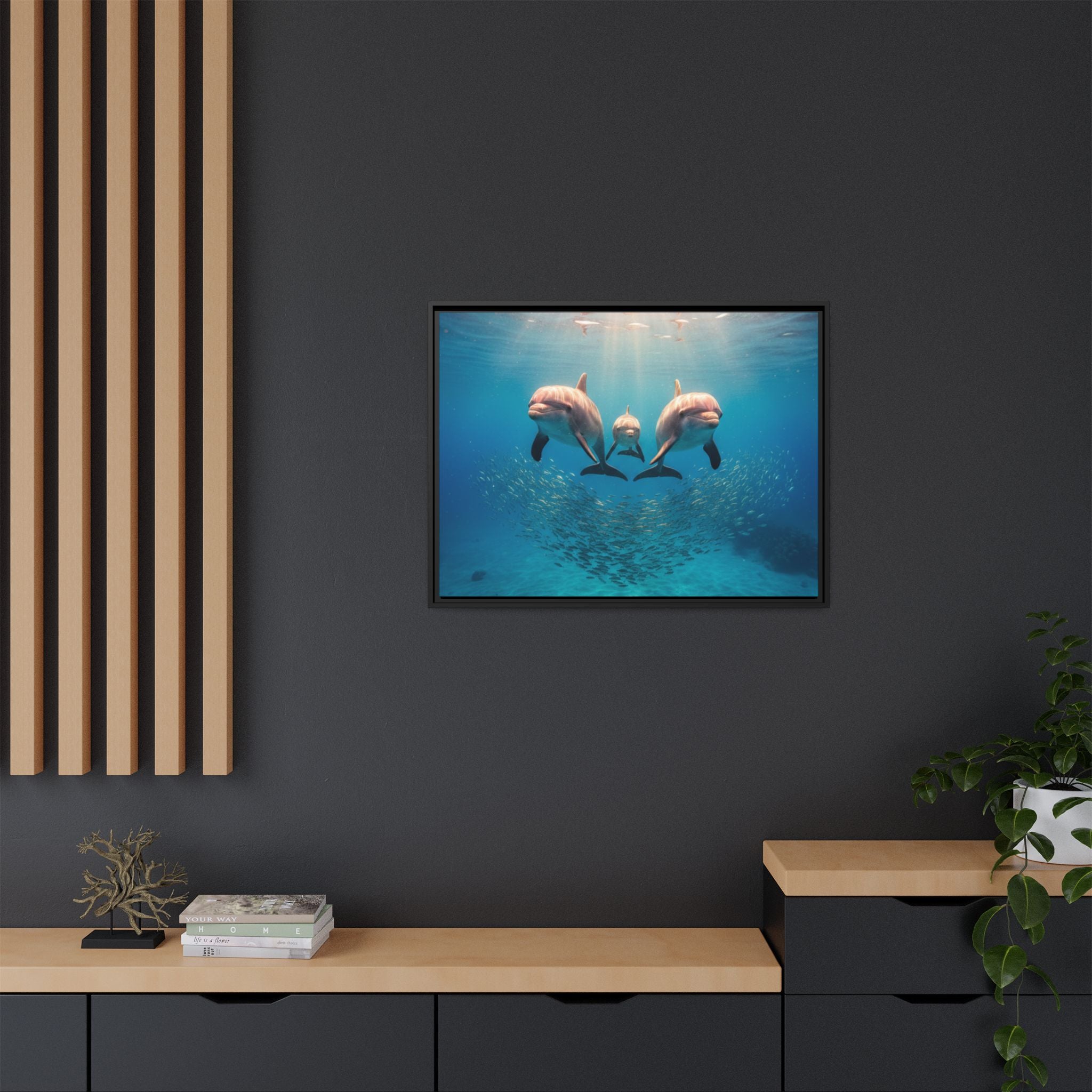 Framed Dolphin Canvas Print — Matte Ocean Wall Art