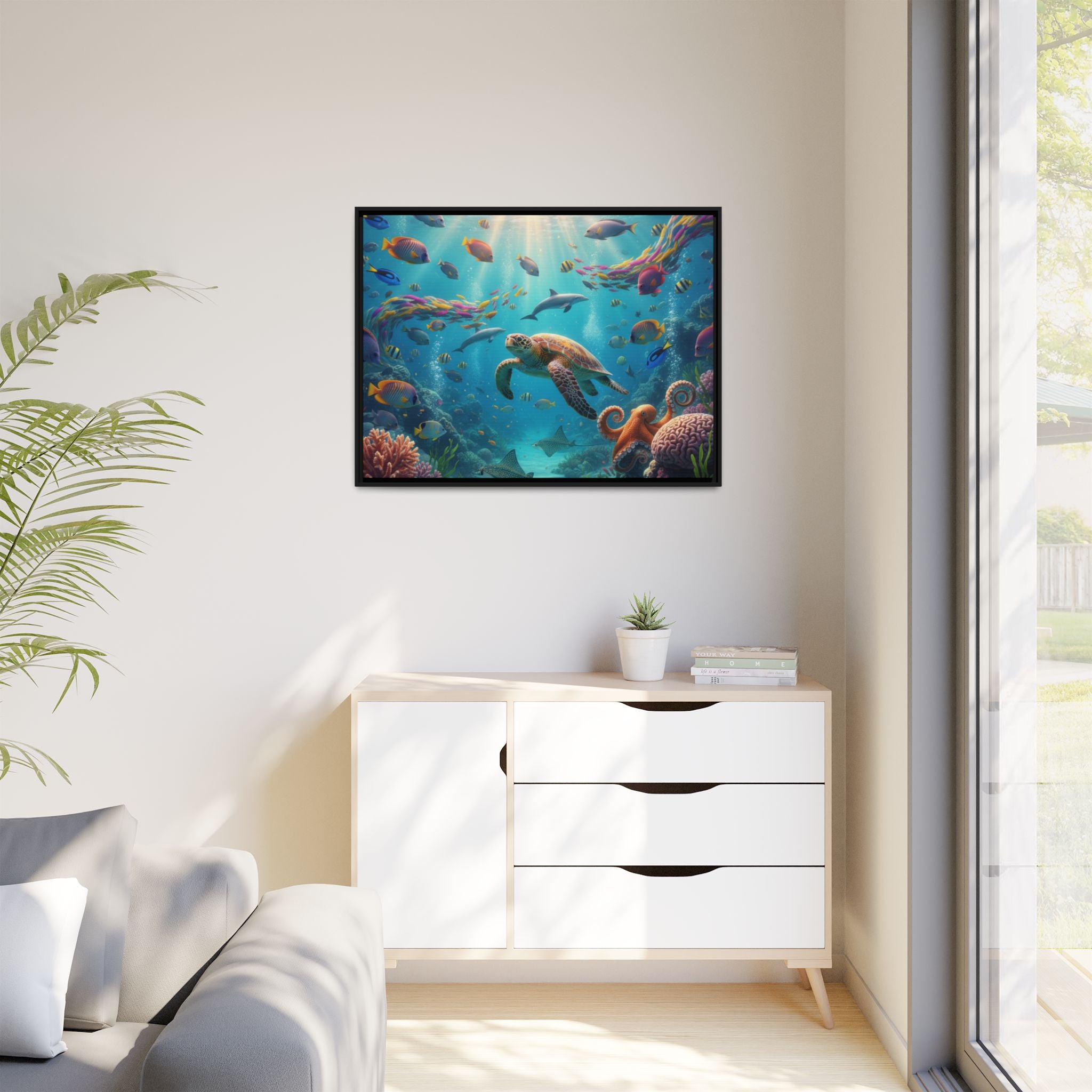 Framed Ocean Life Canvas — Colorful Sea Turtle Wall Art