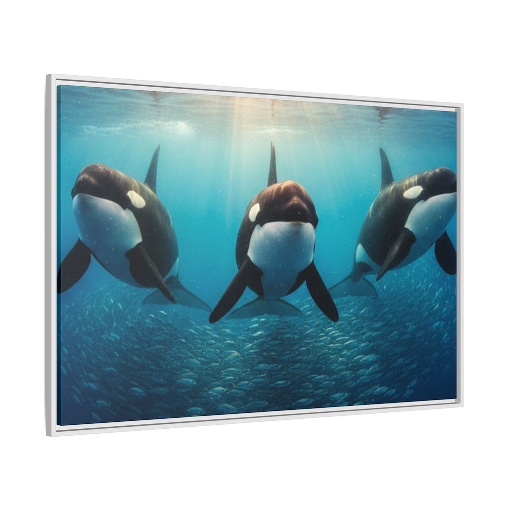 Framed Orca Canvas Print — Underwater Whale Pod Ocean Wall Art