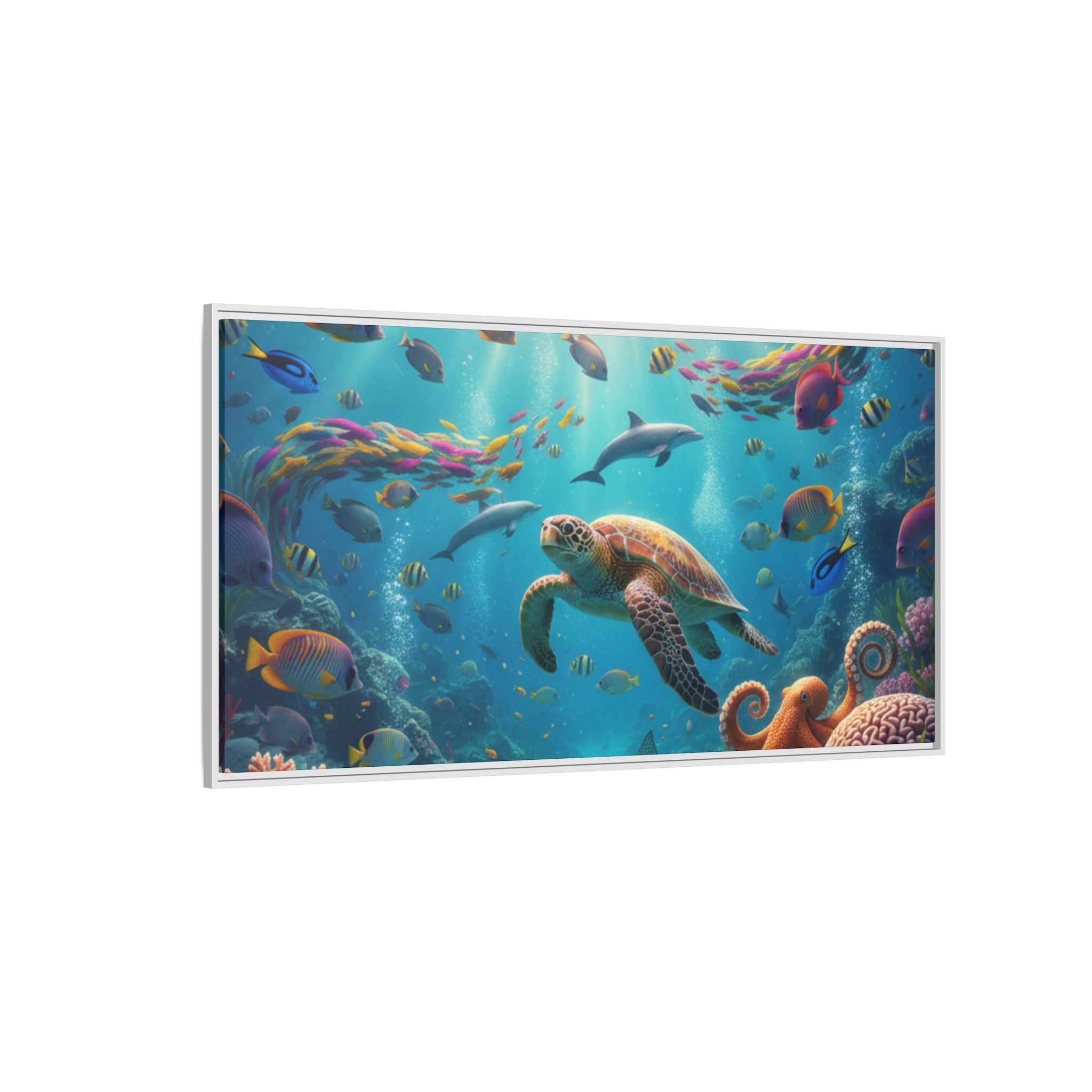 Framed Ocean Life Canvas — Colorful Sea Turtle Wall Art