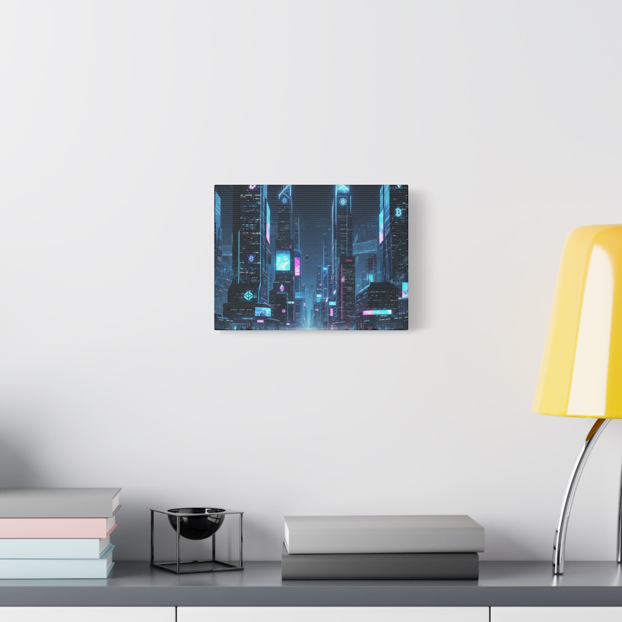 Cyberpunk Crypto Cityscape Canvas Print — Futuristic Neon Skyline Wall Art