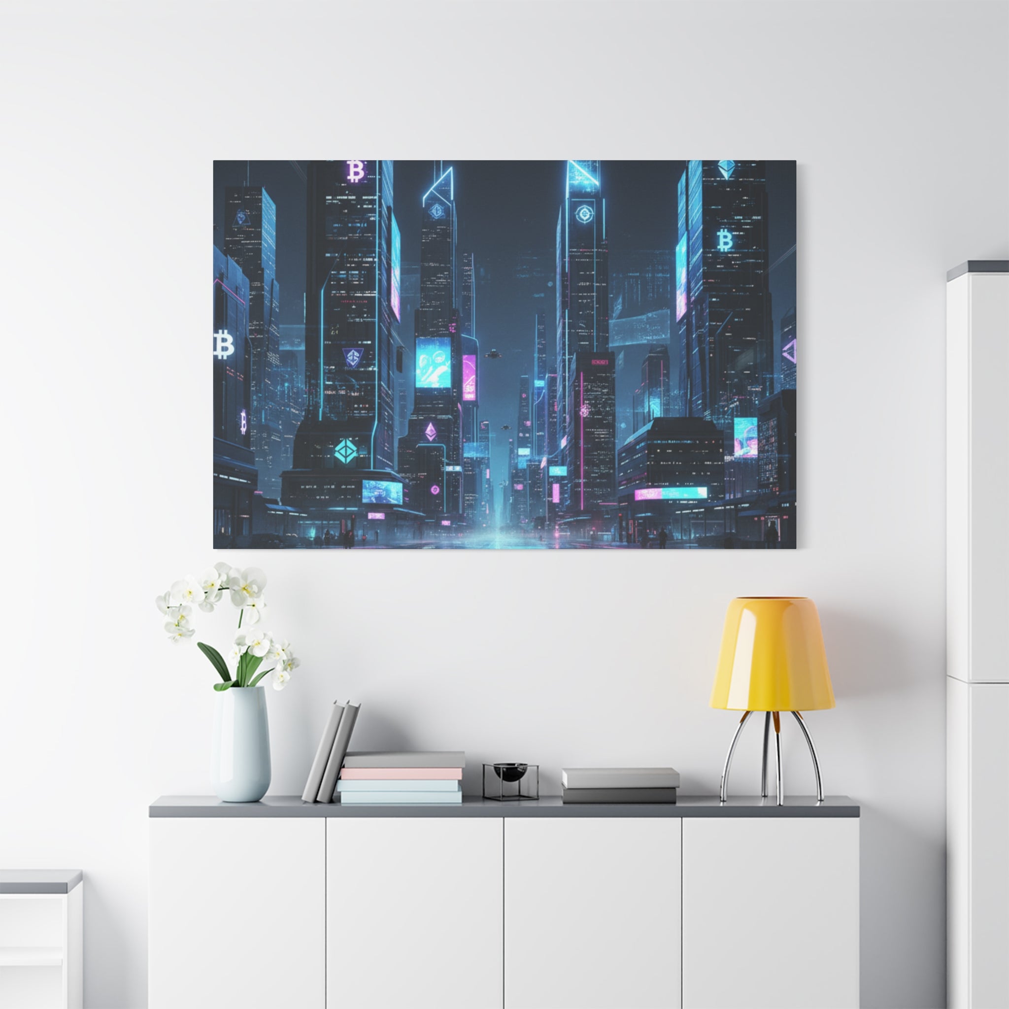 Cyberpunk Crypto Cityscape Canvas Print — Futuristic Neon Skyline Wall Art
