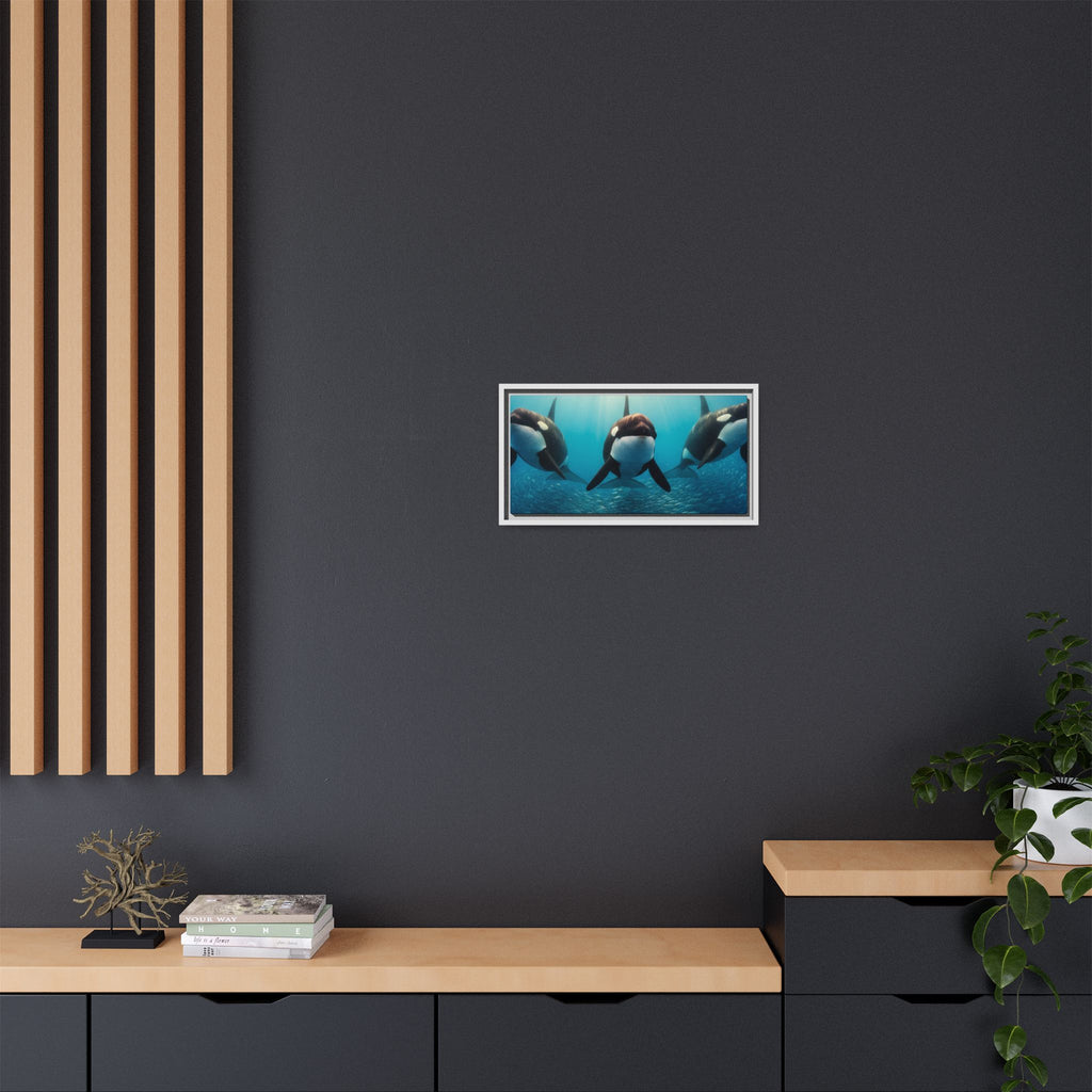 Framed Orca Canvas Print — Underwater Whale Pod Ocean Wall Art