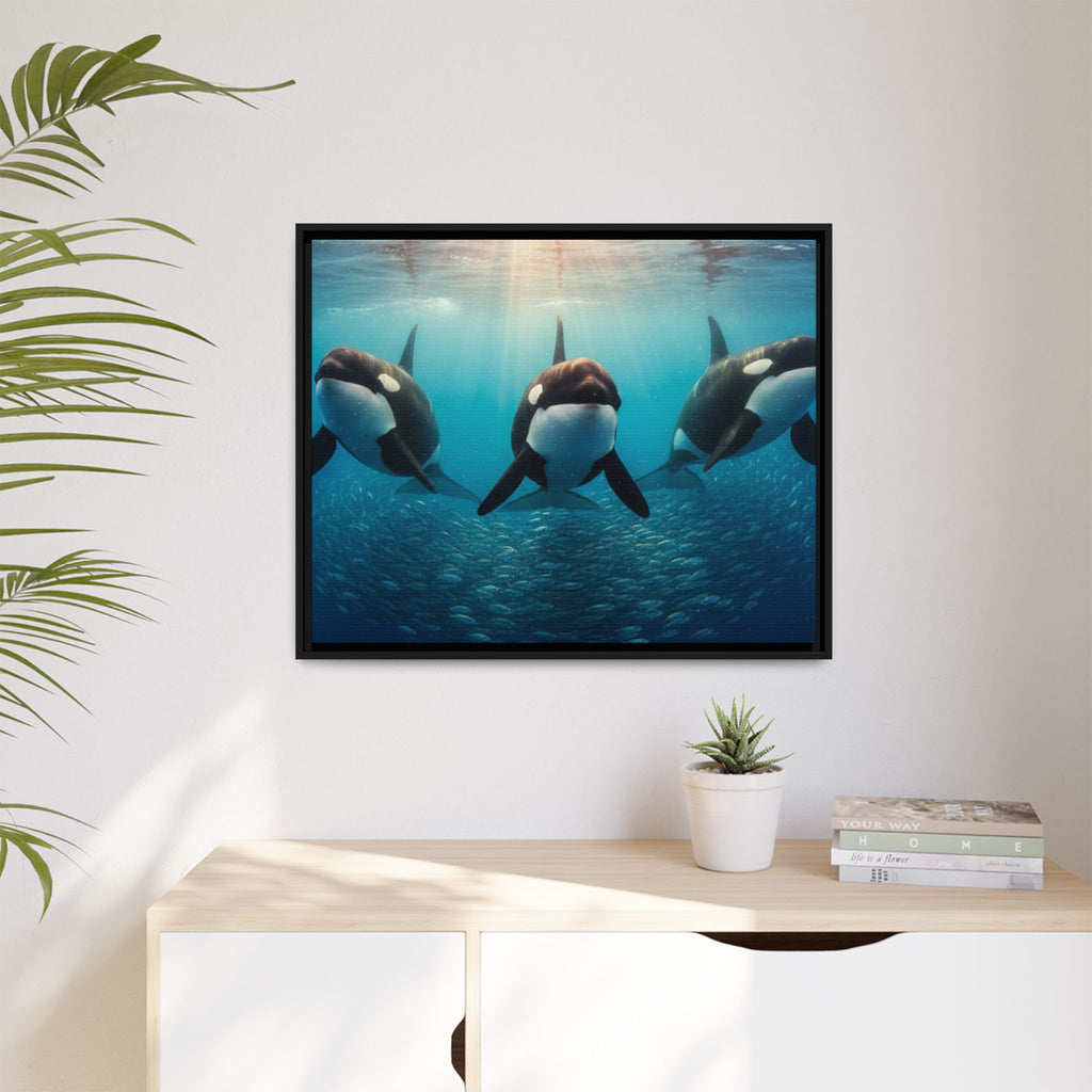 Framed Orca Canvas Print — Underwater Whale Pod Ocean Wall Art