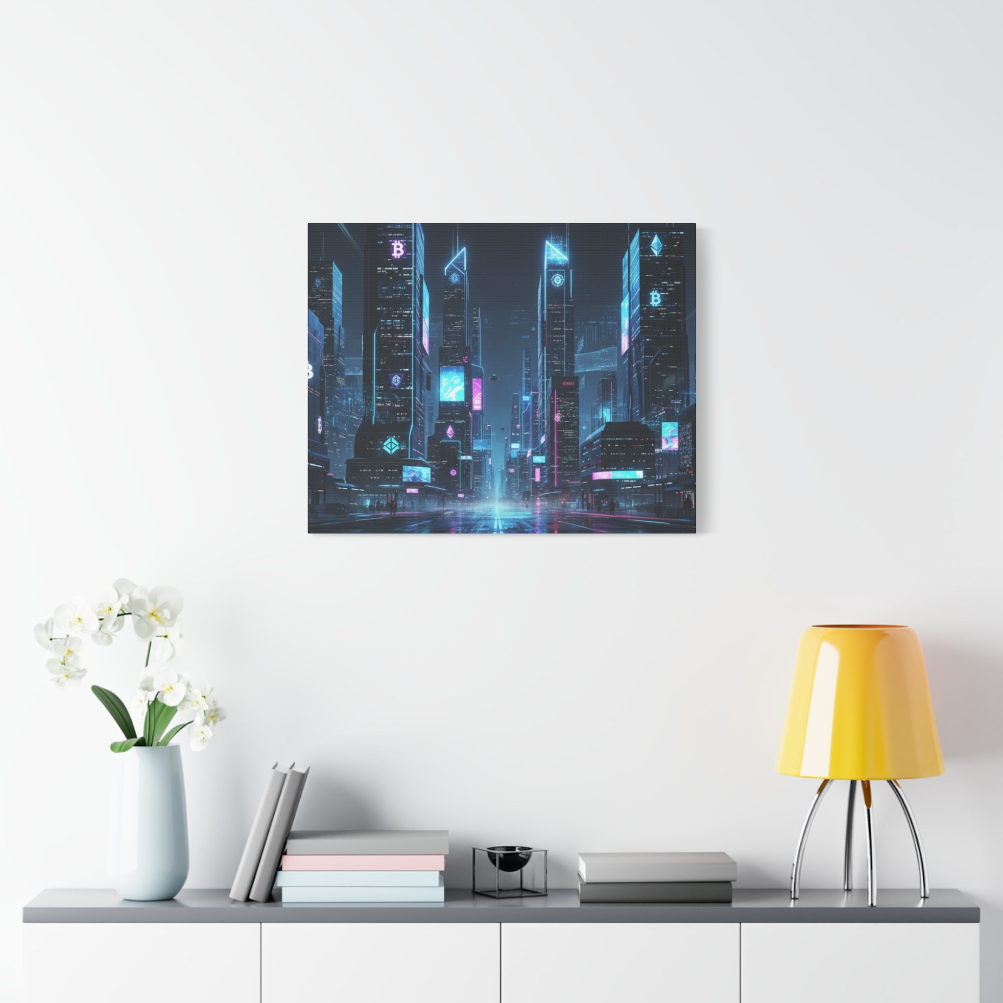 Cyberpunk Crypto Cityscape Canvas Print — Futuristic Neon Skyline Wall Art