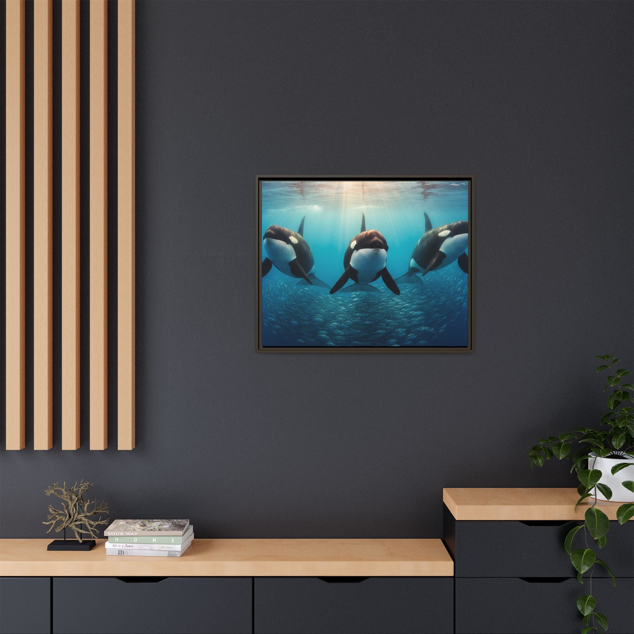 Framed Orca Canvas Print — Underwater Whale Pod Ocean Wall Art