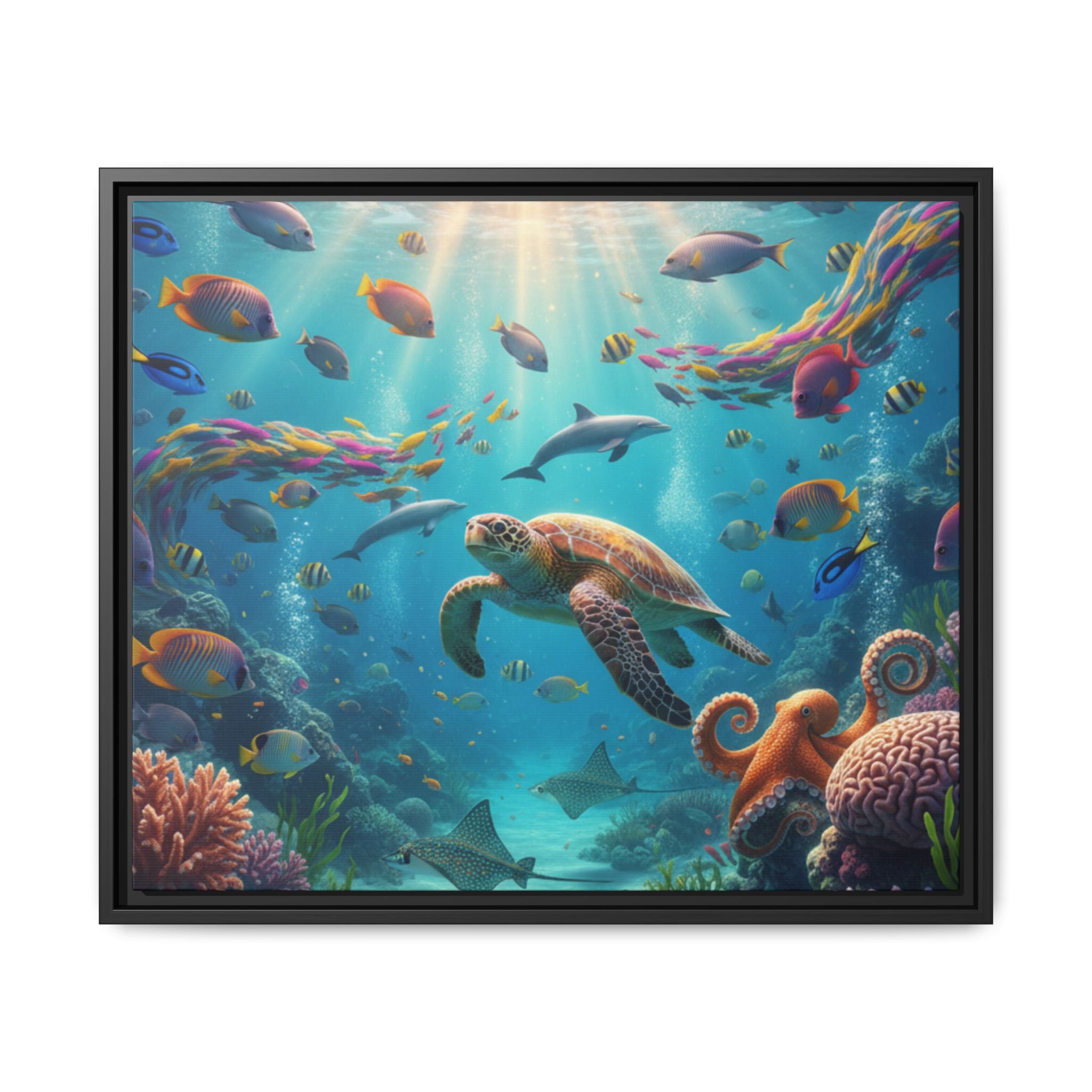 Framed Ocean Life Canvas — Colorful Sea Turtle Wall Art