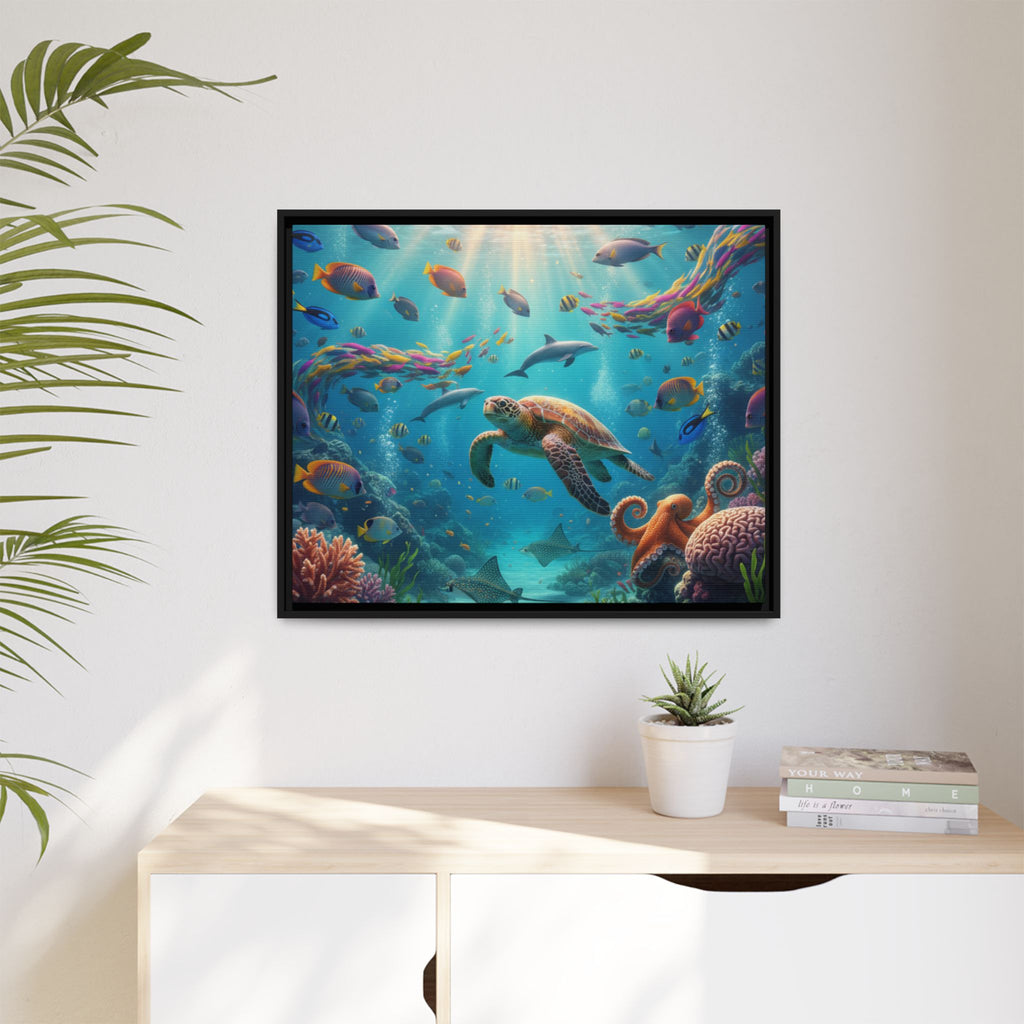 Framed Ocean Life Canvas — Colorful Sea Turtle Wall Art