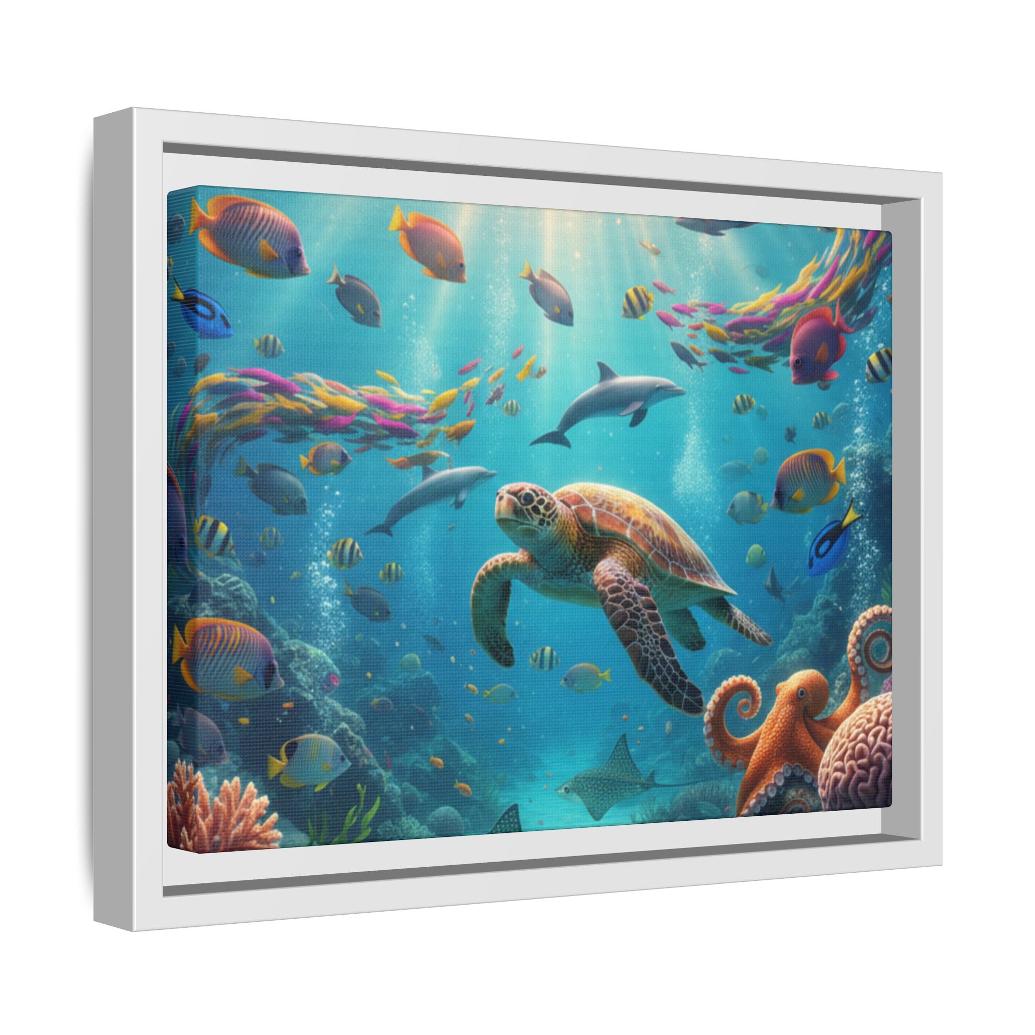 Framed Ocean Life Canvas — Colorful Sea Turtle Wall Art