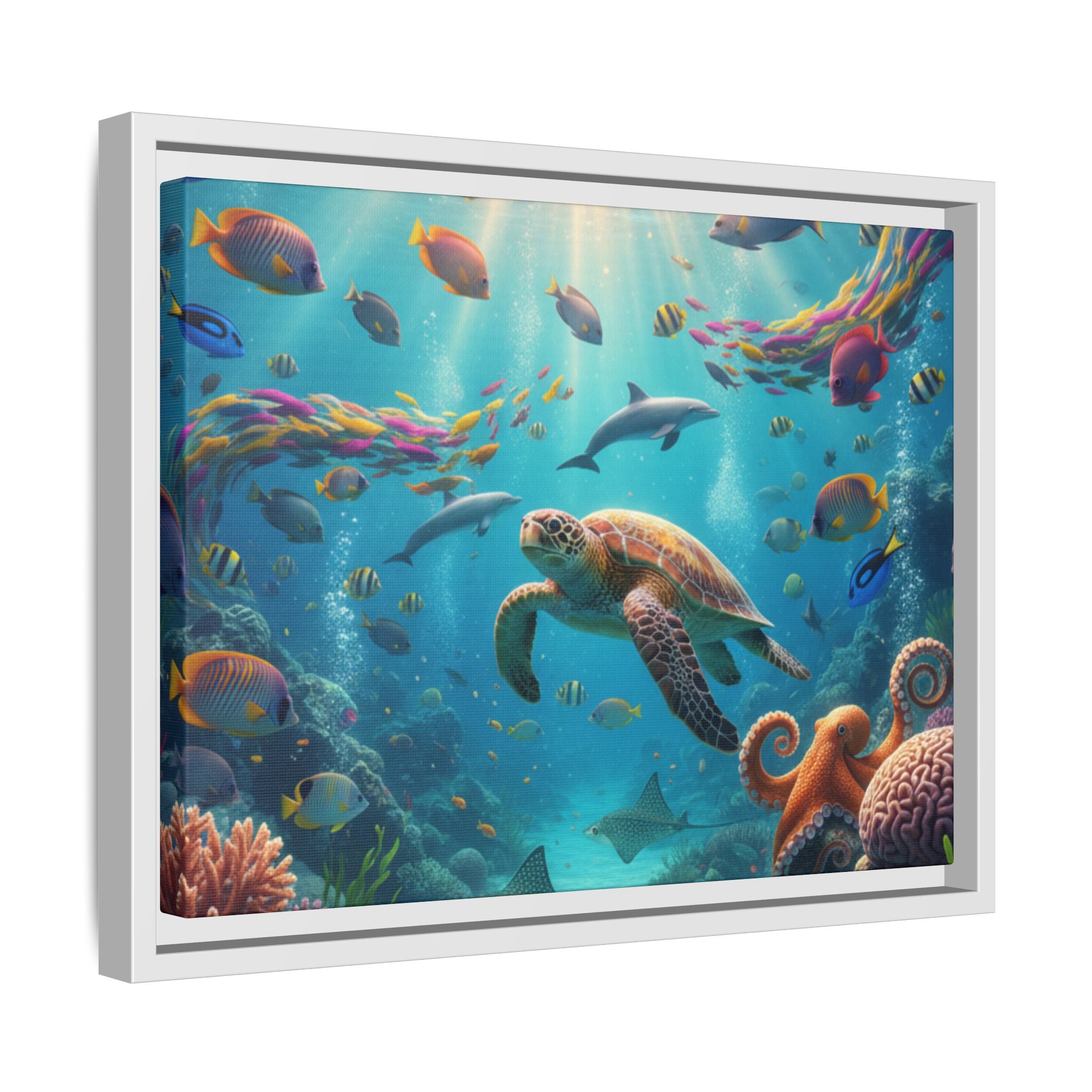 Framed Ocean Life Canvas — Colorful Sea Turtle Wall Art