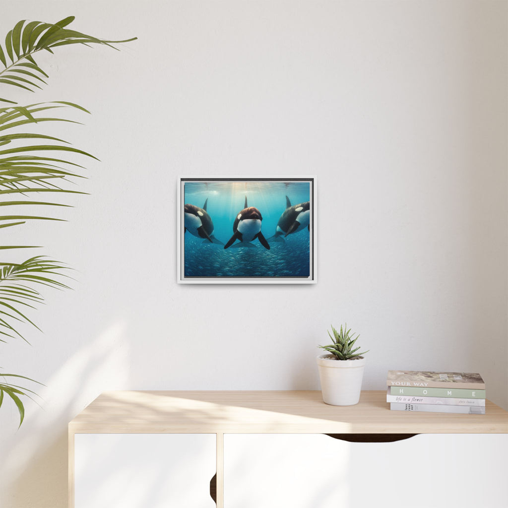 Framed Orca Canvas Print — Underwater Whale Pod Ocean Wall Art